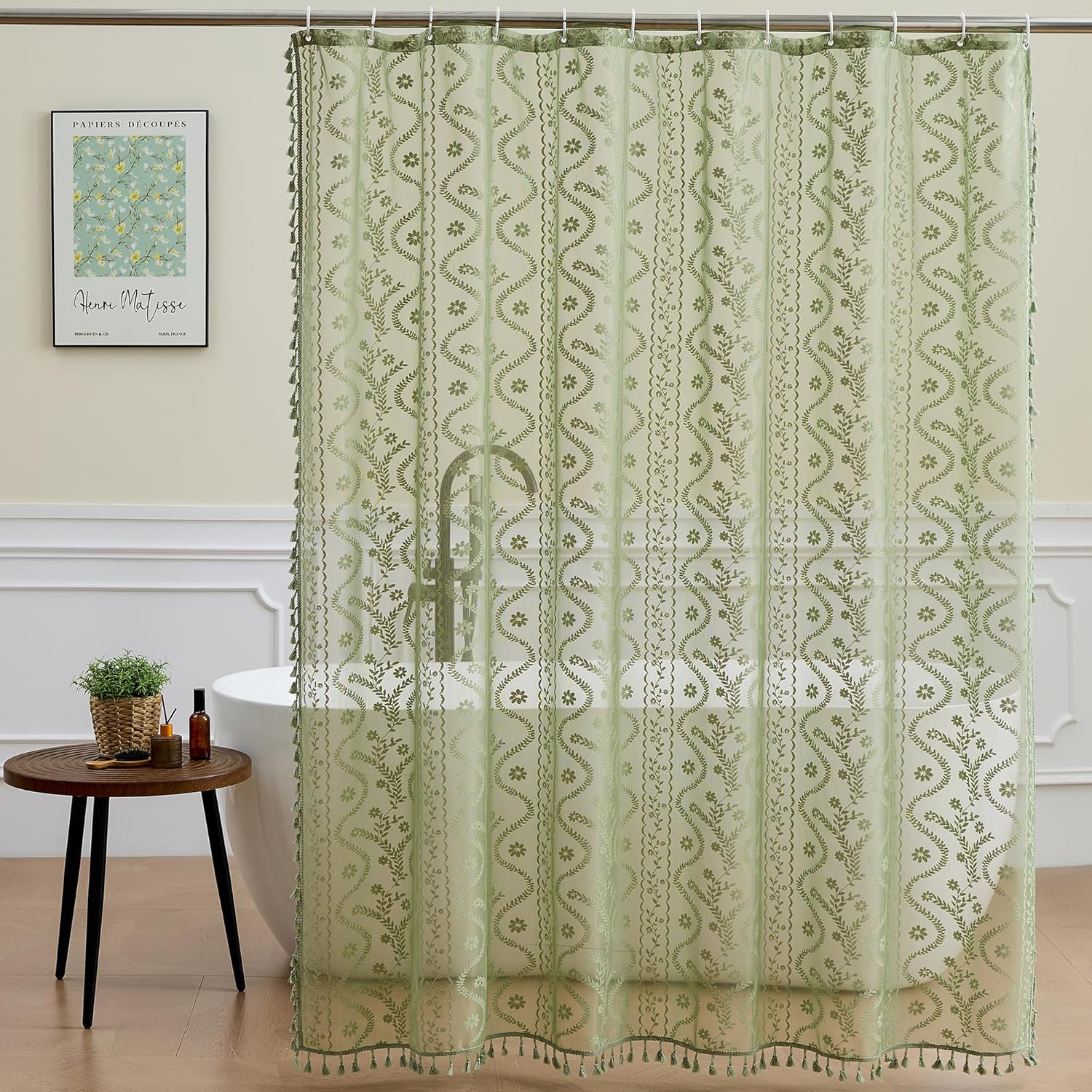 Vintage Lace Shower Curtain for Bathroom 72" W x 90" L, Victorian Farmhouse Floral Pattern Tassel Fancy Shower Curtain Boho Washable Cloth Decorative Bath Curtains,1 Panel