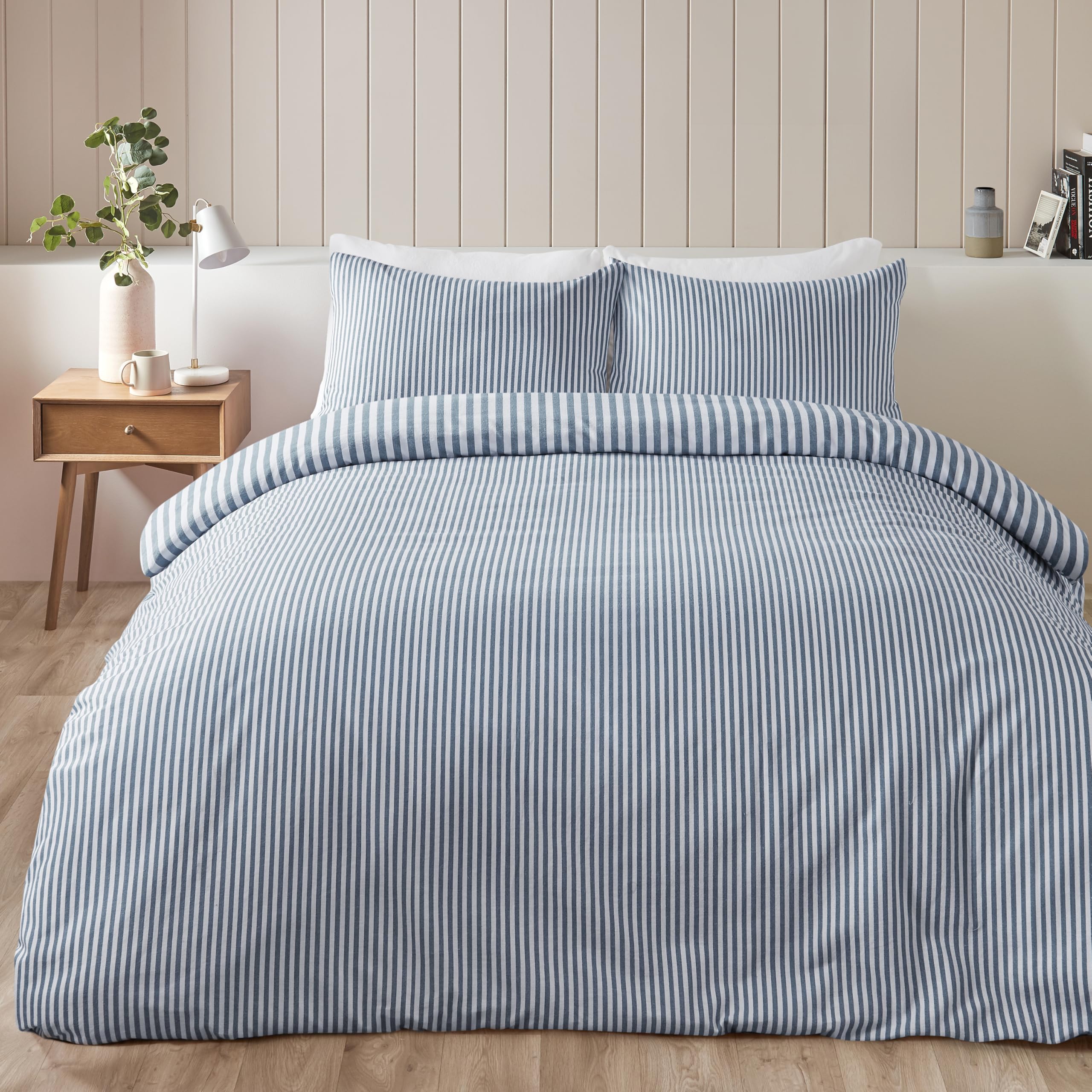Catherine Lansfield Brushed Stripe Cotton Reversible Super King Duvet Cover Set including Pillowcases Blue - Image 2