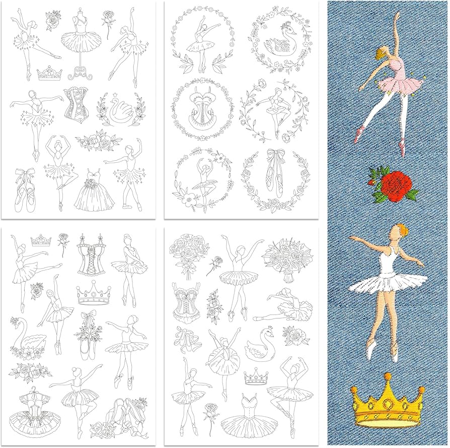 Peacoblue Motifs De Broderie Solubles Dans L'eau Pour Débutants 4 Feuilles Avec 51 Motifs De Ballet Pour Chaussures De Danse, Jupe, Stabilisateur De Motif De Broderie Lavable Pour Les Amateurs De