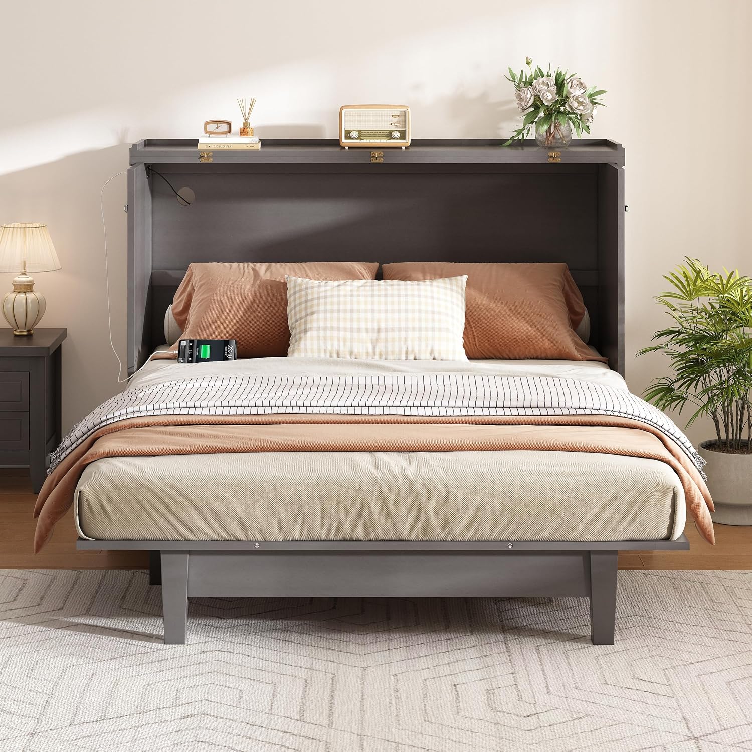 Harper & Bright Designs Queen Murphy Bed with Storage & Charging Station, Farmhouse Murphy Cabinet Bed with Large Drawer, Hideaway Foldable Platform Beds for Guest Room, Bedroom, Home Office, Grey
