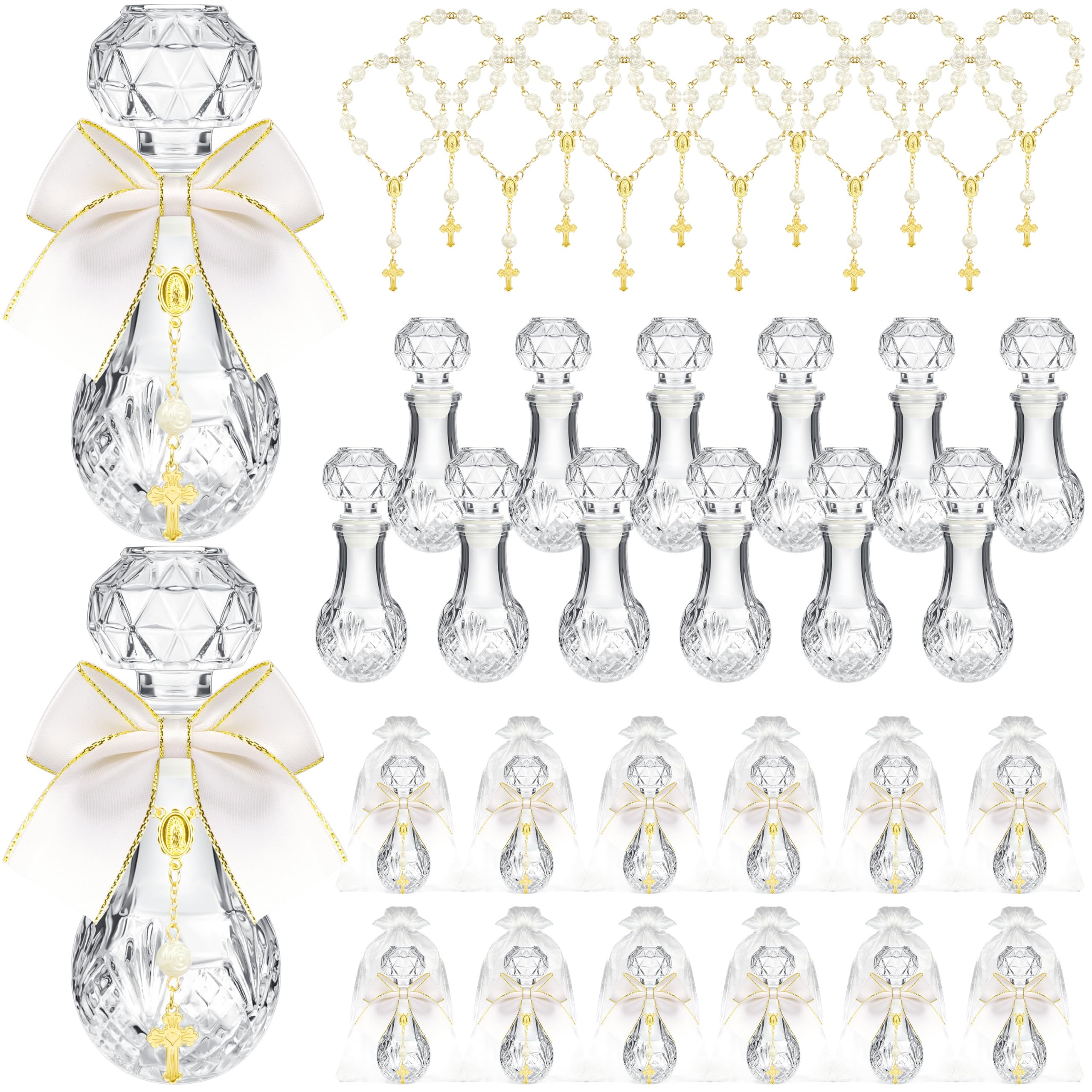 Fayoo 12 Sets Glass Holy Water Bottles for Baptism Favors, 50ml, 48 Pcs | Includes 12 Glass Bottles, Cross Rosaries, Bows & Organza Bags, Leakproof Lids, for First Communion Christian Church Decor