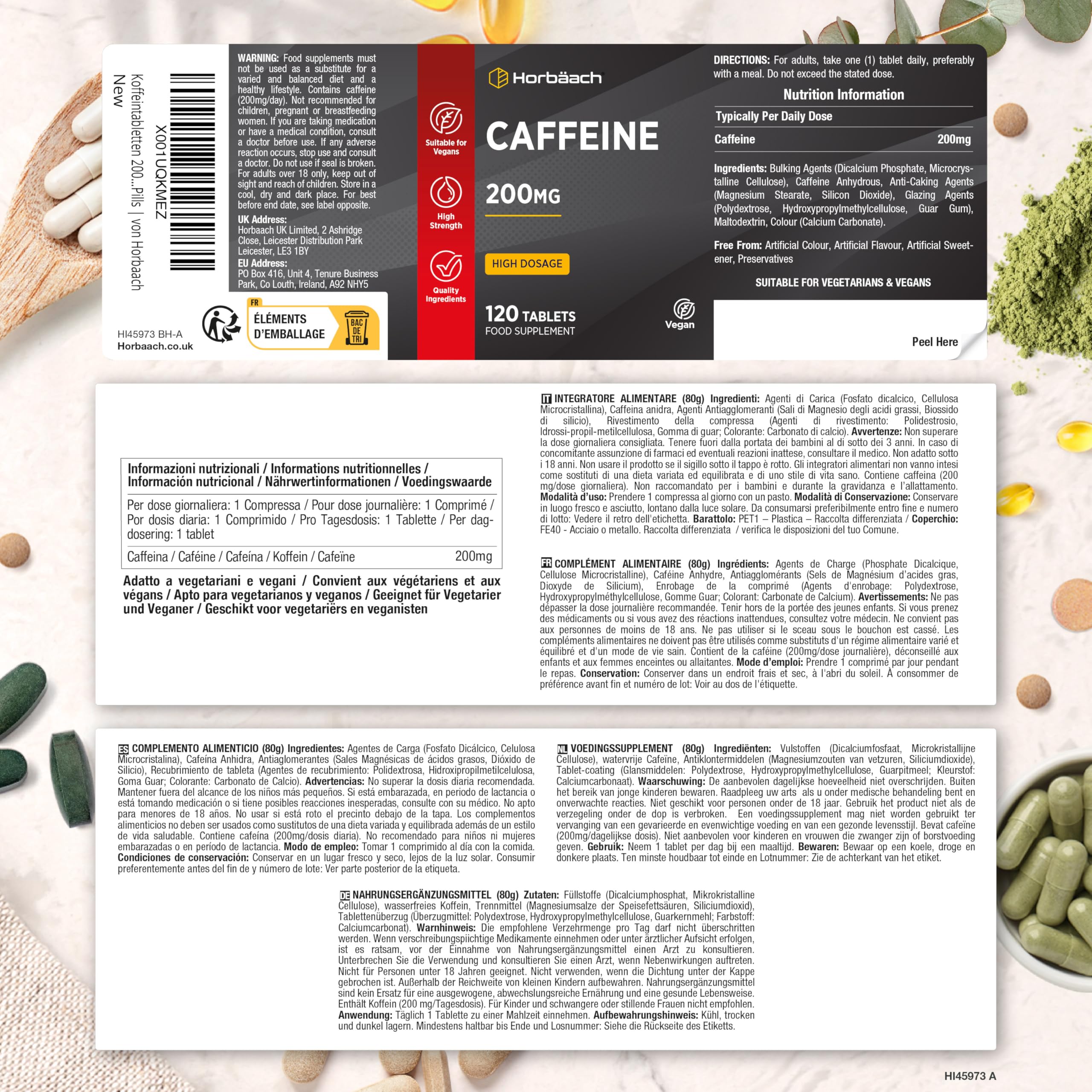 Caffeina Integratore 200 mg | 120 Compresse Vegane per 4 Mesi di Scorta | Integratore Alimentare Senza Conservanti and Additivi | Caffeine Pills ad Alto Dosaggio | by Horbaach