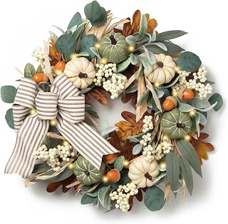 Valery Madelyn 24'' Fall Wreaths for Front Door with LED Lights | Collapsible Farmhouse Autumn Wreath with White Pumpkins Bow for Home Porch Thanksgiving Harvest Table Centerpiece Decorations