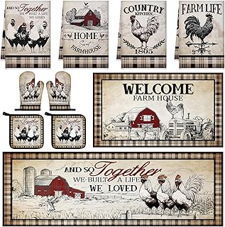10 Pcs Barn Chicken Kitchen Dish Towels Rugs Oven Mitts and Pot Holders Set Farmhouse Kitchen Decor Set for Women Mom Daughter Gift Cooking Baking Grilling (Retro Color)