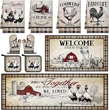 10 Pcs Barn Chicken Kitchen Dish Towels Rugs Oven Mitts and Pot Holders Set Farmhouse Kitchen Decor Set for Women Mom Daughter Gift Cooking Baking Grilling (Retro Color)
