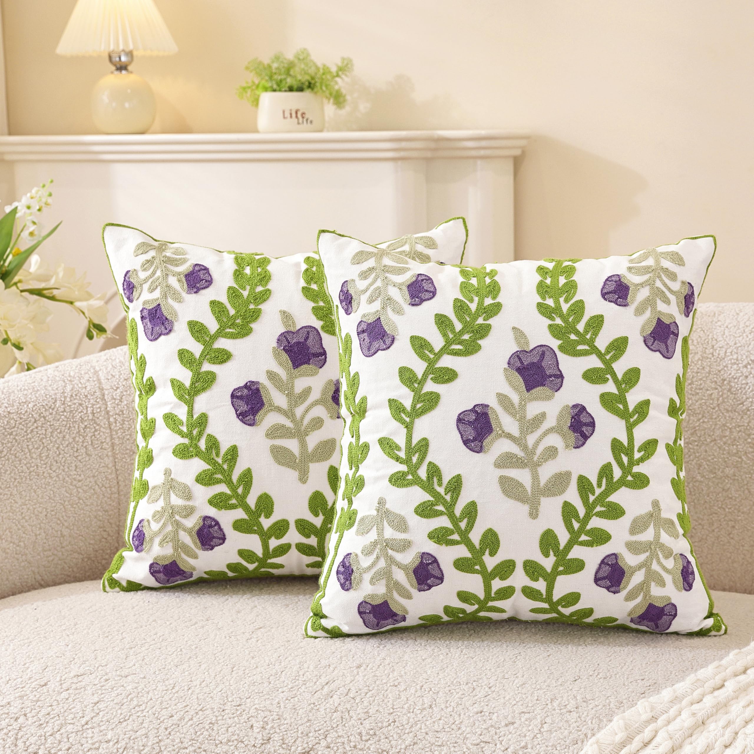 TAOSON Pack of 2,Purple Flowers Green Vines Patterned Embroidered Throw Pillow Cover,Cotton Cushion Covers, Spring Farmhouse Decor, Valentine's Day Gift Square Farmhouse Floral Pillow Case 18" x18"