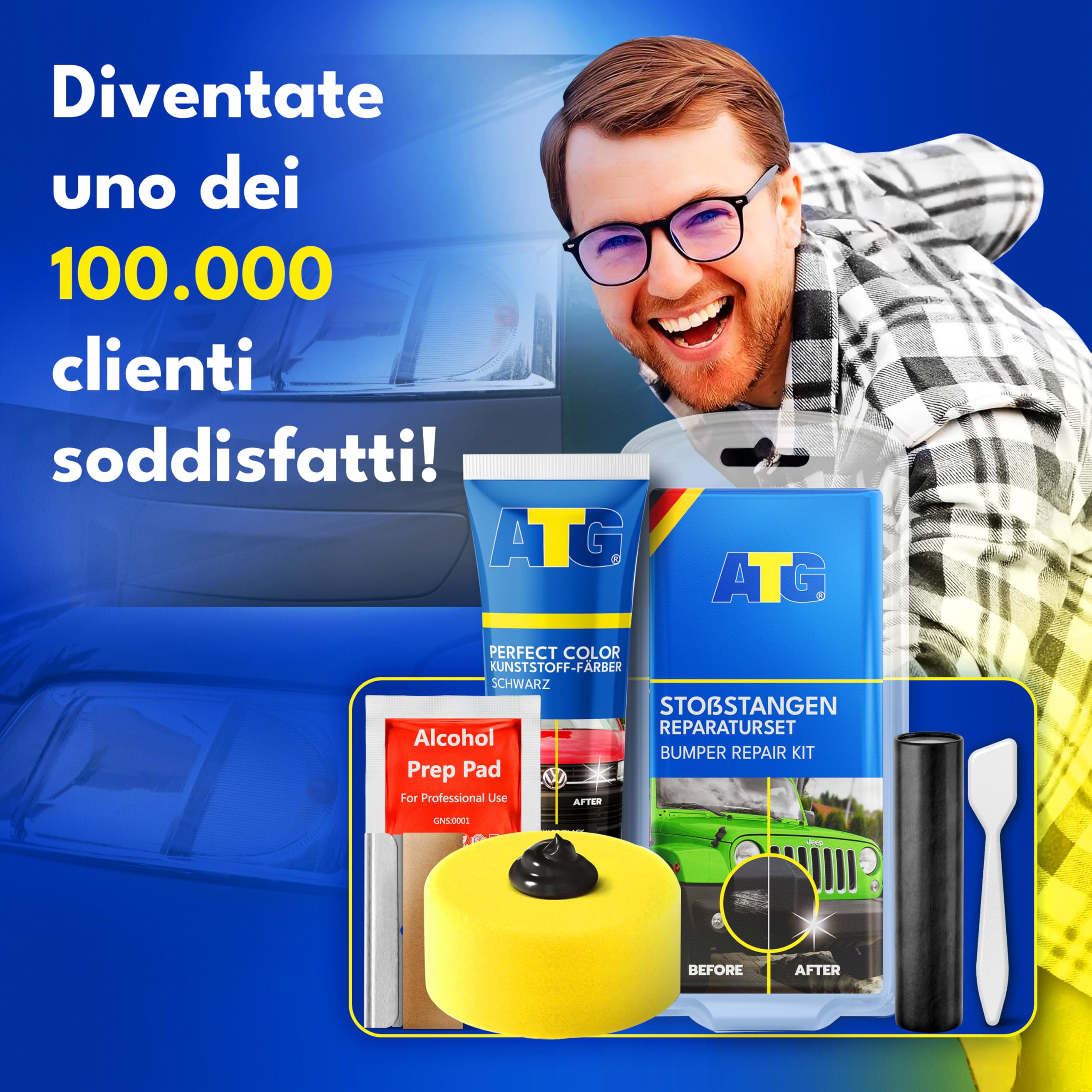 ATG® Kit Riparazione Paraurti Auto Nero – Rinnova Plastiche Auto, Rimuovi Graffi Plastica con Colore Nero e Stucco Riparazione