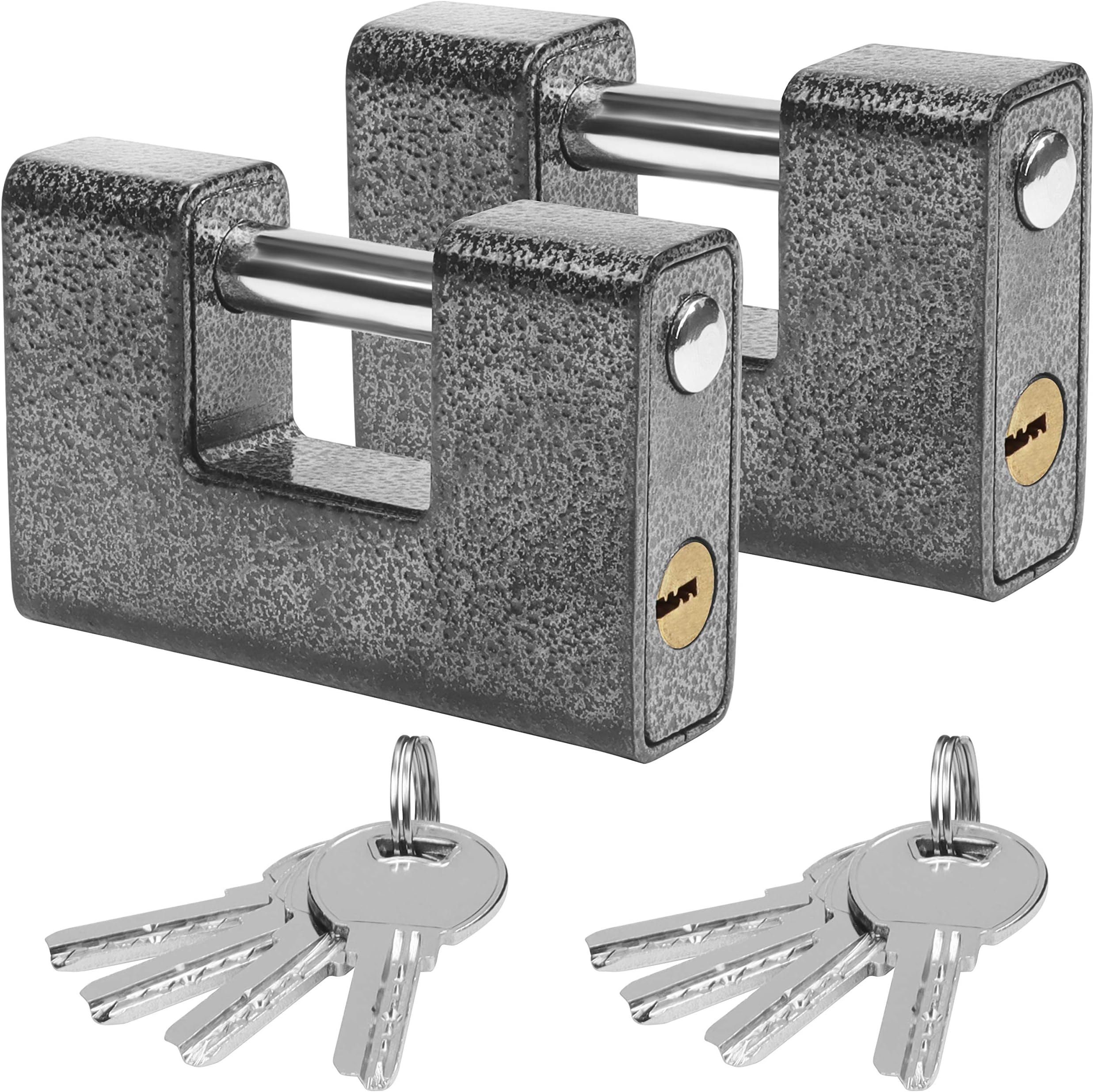 Heavy Duty Padlocks with 8 Keys (2 Pack) - Hardened Solid Steel Hardware Monoblock Lock - 12mm Thick Shackle - Protect Garage Door, Containers, Sheds, Shutters, Lockers, Gates and Warehouses