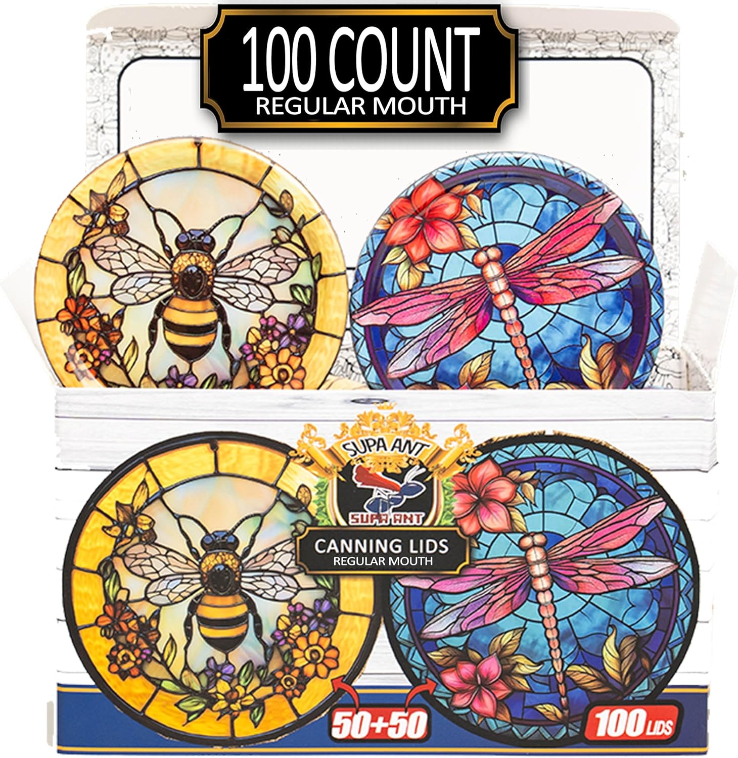 Supa Ant Canning Lids Regular Mouth (100pcs) Decorative Tin Canning Lids Regular Mouth (Glass Window) Buckle Proof and Rust Proof - Perfect Fit Can Lid for Mason Jars Canning Supplies - Mason Jar Lids