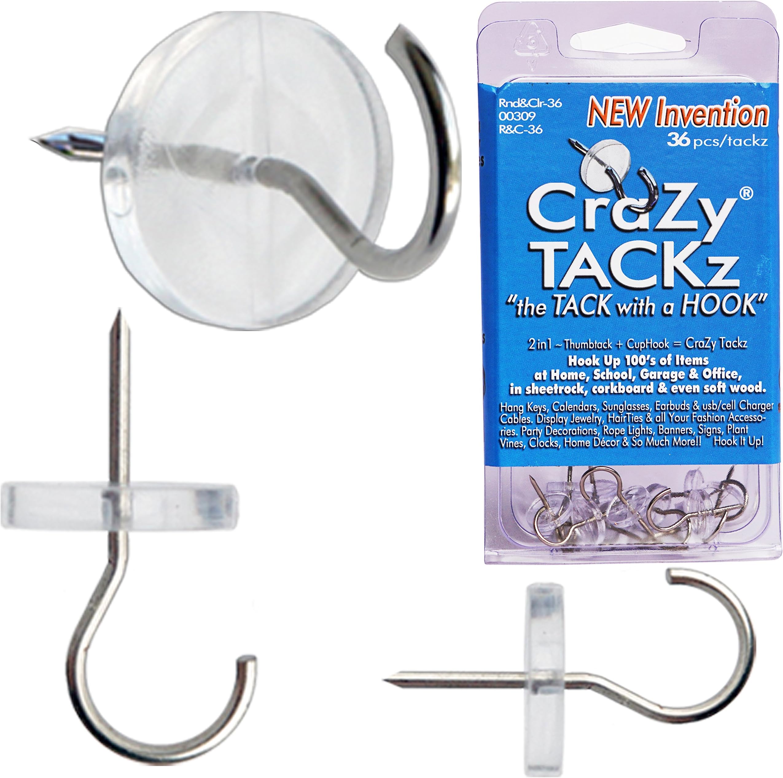 CraZy TACKz 36 tacks - 2 in 1: push pins hook - New Invention Hang 100's of Items Interior or Exterior Decor at Home, School, Office, DIY, for Party or Holiday - in re-usable Storage Organizer (Round & Clear - 36pcs/Clamshell)