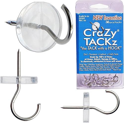 CraZy TACKz 36 Tachuelas 2 en 1 alfiler y gancho cuelgue cientos de objetos, decoraciones para interior y exterior del hogar, en la escuela,
