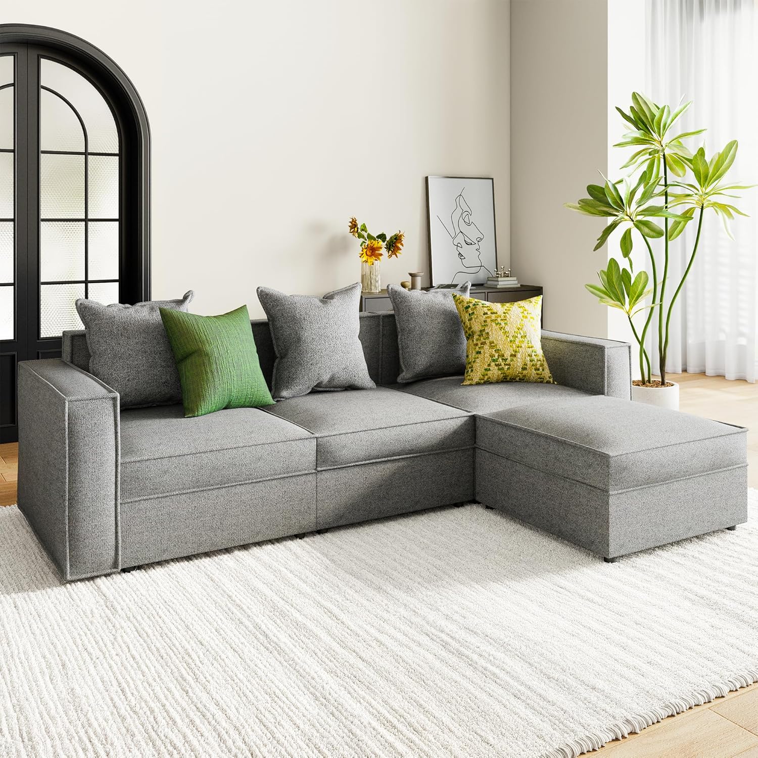 89" Modular L-Shaped Sectional Couch with Storage, Sofa with Reversible Chaise, Removable Cushion Covers, Comfy 3-Seater Woven Fabric Couch for Small Space, Apartment, Living Room, Dark Gray