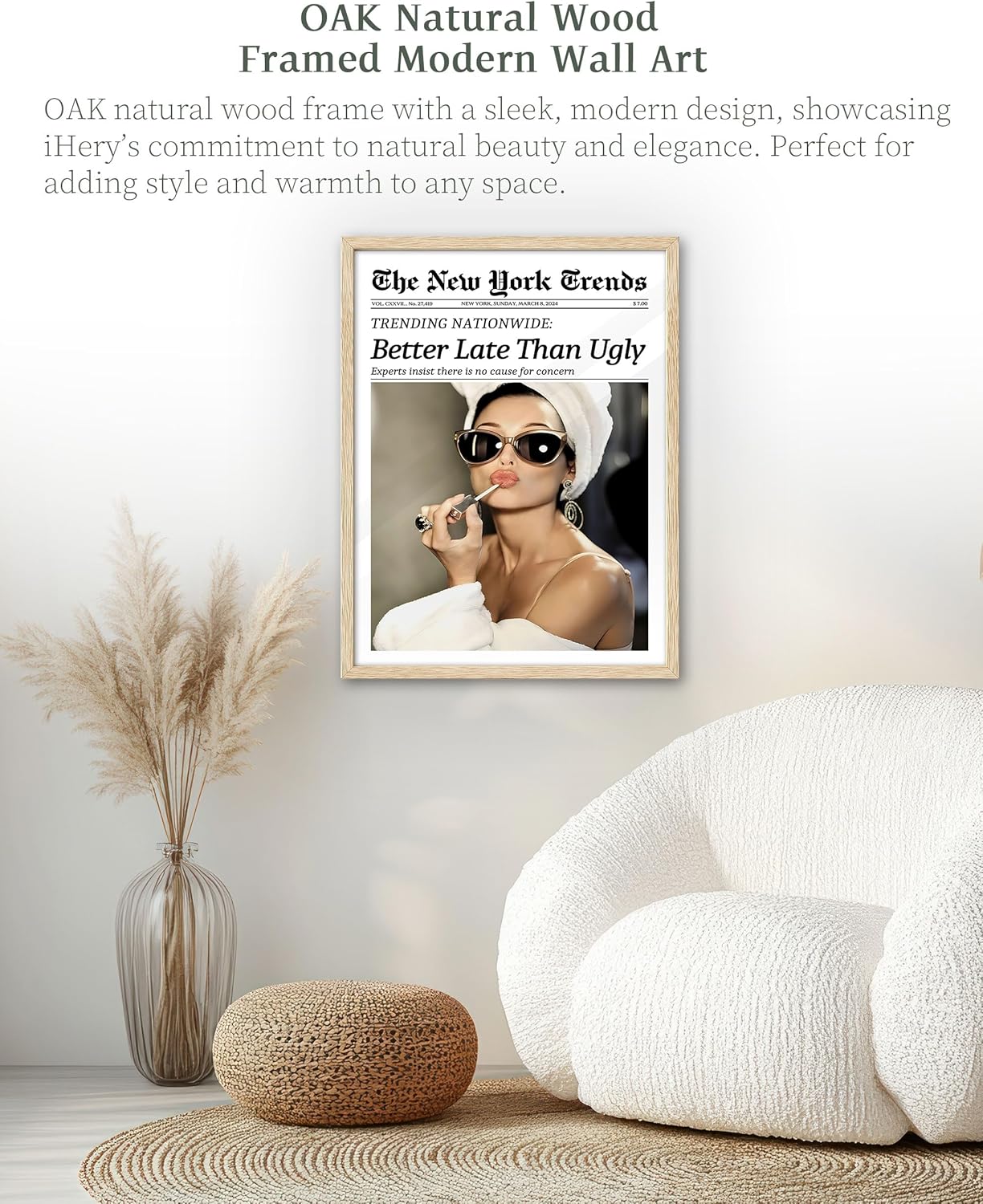 iHery Natural OAK Wood Hepburn Newspaper Trendy Framed Wall Art, 12x16 in Better Late Than Ugly Vintage Headline Canvas Art, Retro Bathroom Decor Art, Set of 1 Apartment Girly Dorm Room Bedroom