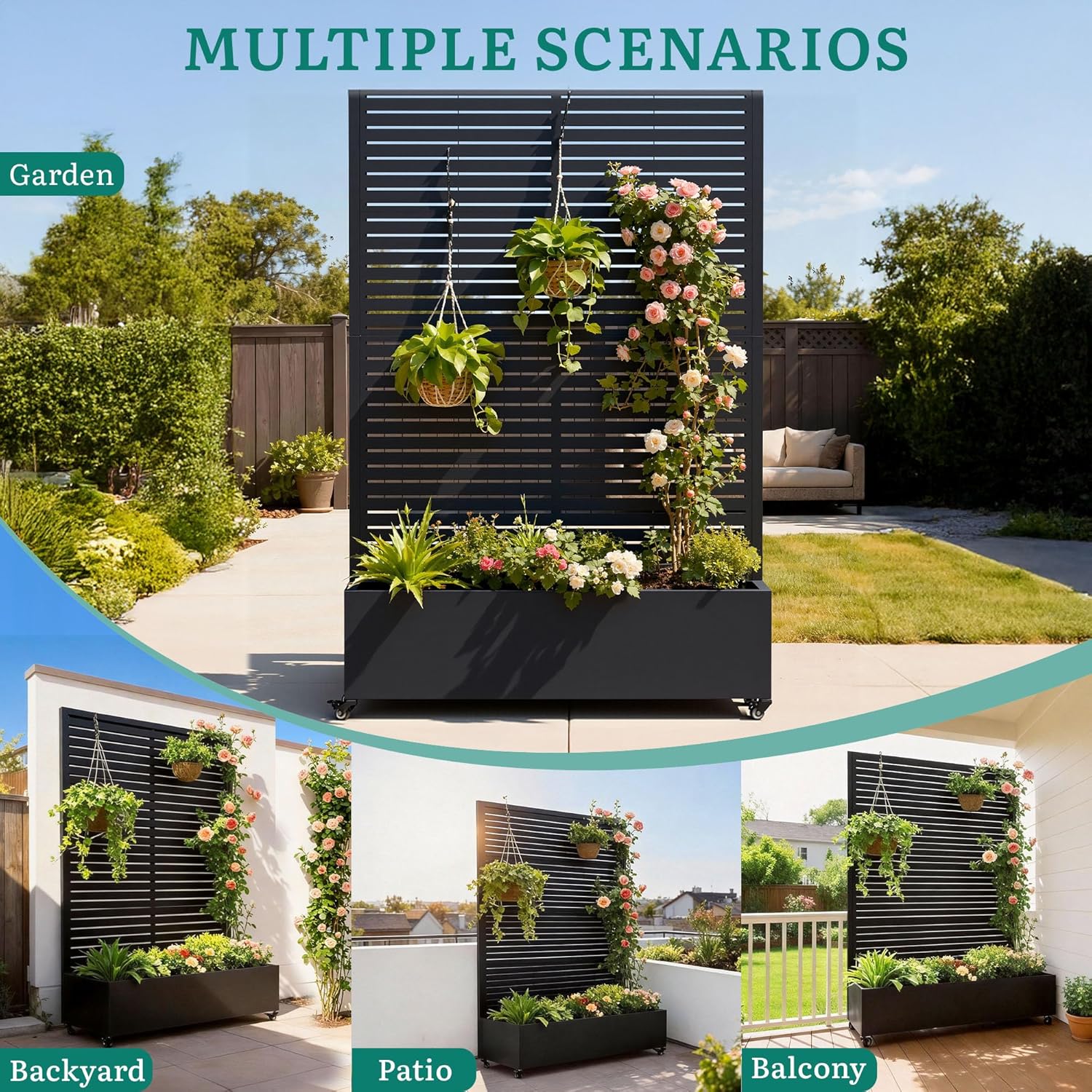 Metal Planter Box with Trellis, Galvanized Steel Raised Garden Bed with Privacy Screen, Lockable Casters, 73"x47"x16" Planter with Drainage Holes for Outdoor Climbing Plants, Vegetables, Patio