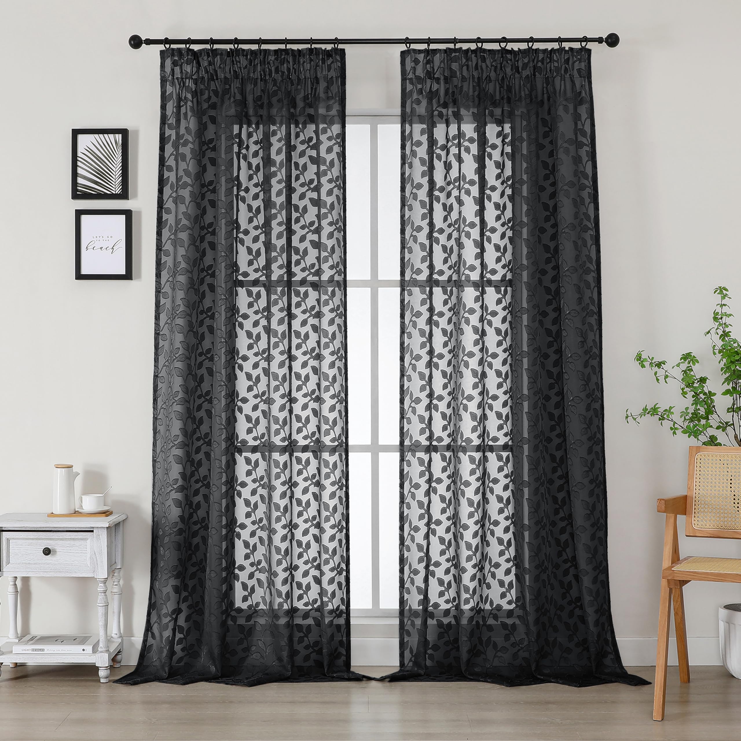 Simplebrand Black Sheer Curtains Charlton Leaf 2 Panels W140 x L220cm, Clip Jacquard Pencil Pleat Drapes, Semi-Sheer Window Curtains for Living Room Bedroom, Light Filtering Elegant Voile Curtains โ image 1
