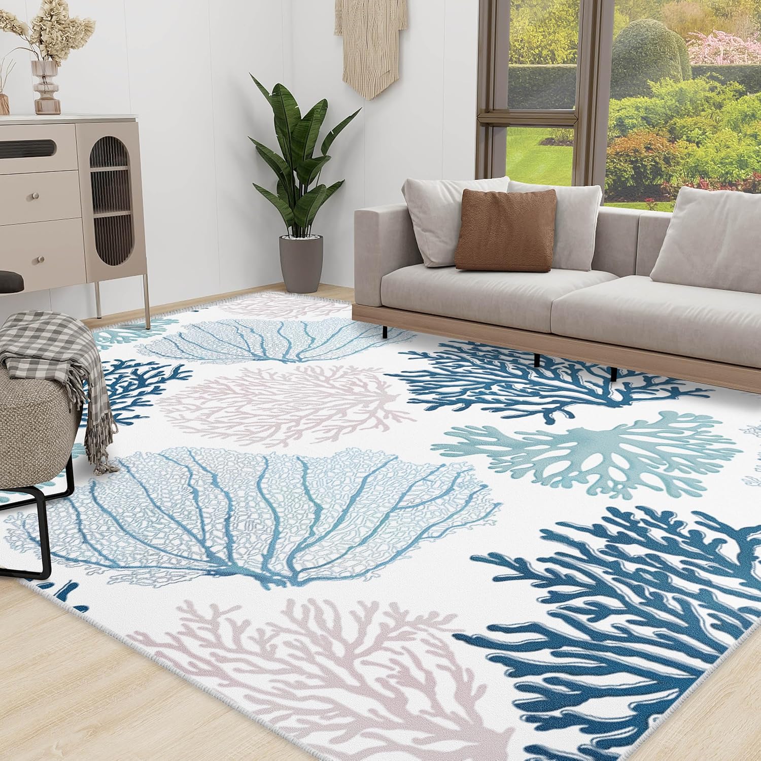 Coastal Area Rug Beach Rugs Non-Slip Nautical Coral Machine Washable Rugs Modern Floor Carpet for Bathroom Laundry Bedroom Living Room, 8x10