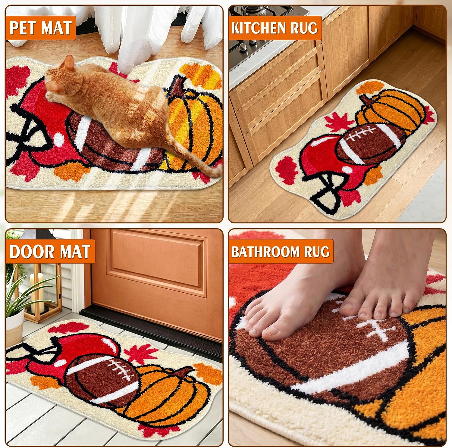 Hexagram Fall Bathroom Rugs, Football Fall Bathroom Decor, Pumpkin Bath Mat image 5