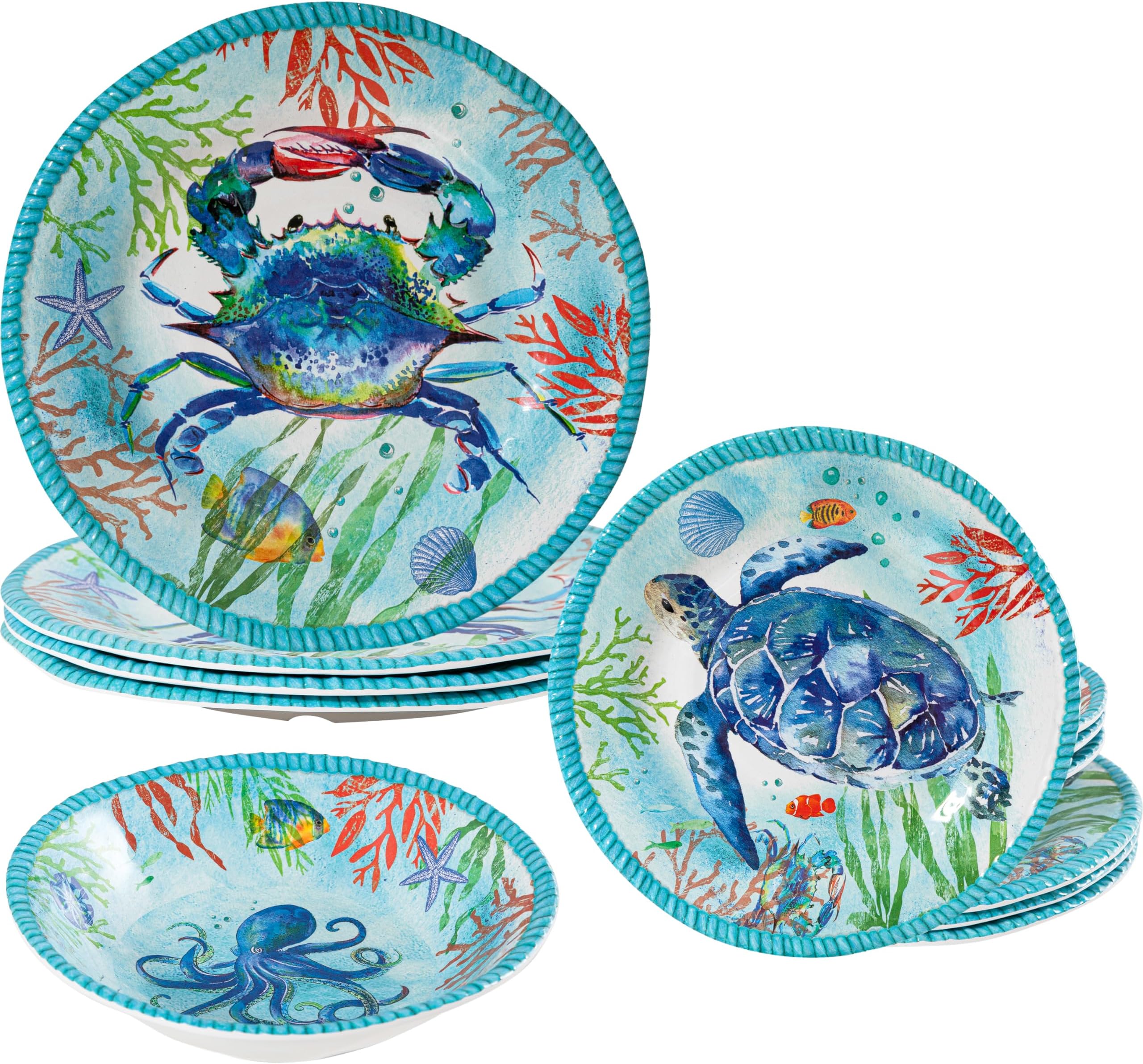 Melamine 12 pcs Dinnerware Set,Ocean Theme Plates and Bowls Sets, Coastal Dishes Dinnerware set, Service for 4, Dishwasher Safe
