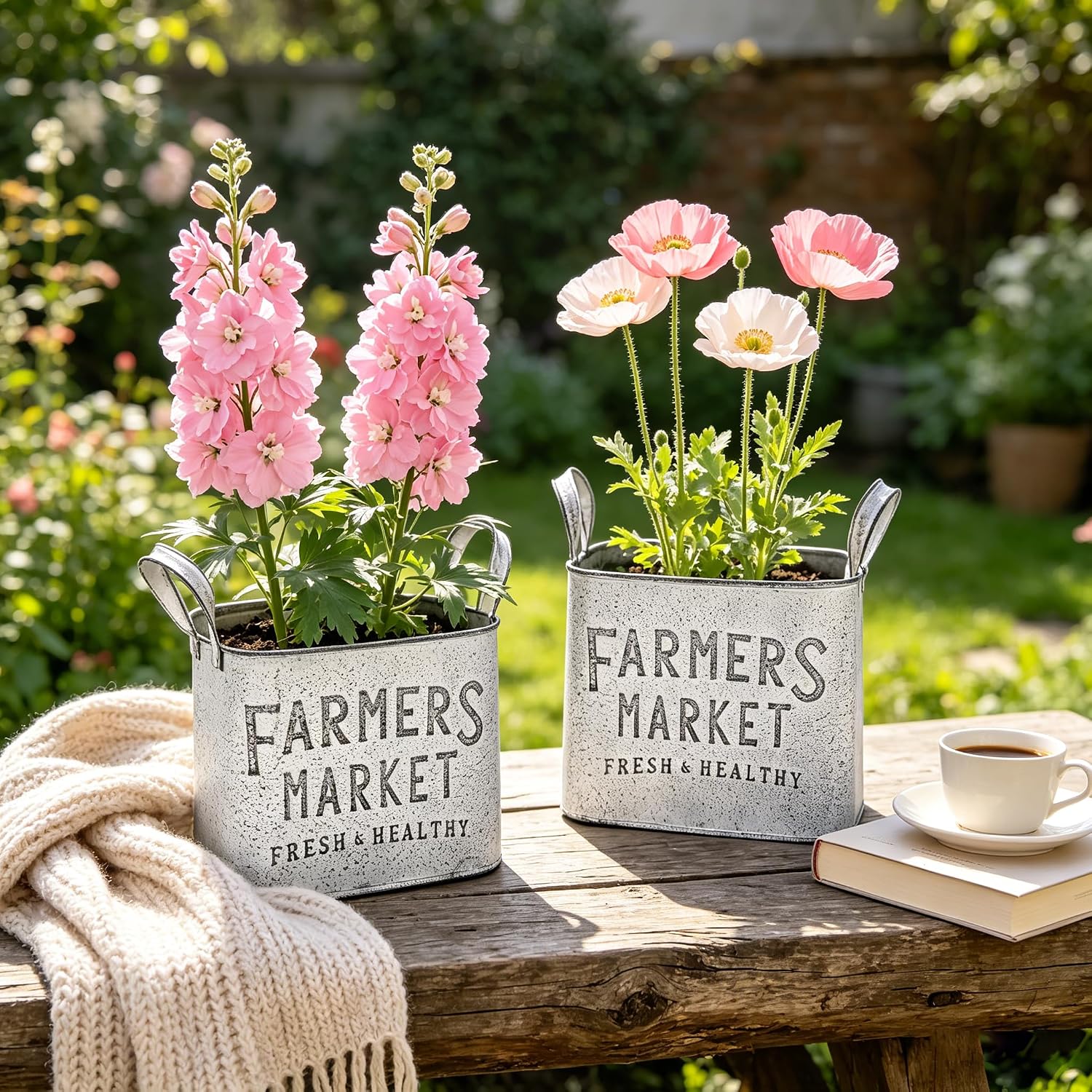 Vintage Metal Flower Planter Buckets with Handle Set of 2 Rustic Metal Flower Pots Farmhouse Plant Containers for Herb Succulent, Indoor Outdoor Garden Home Yard Bathroom Kitchen Decor (White)