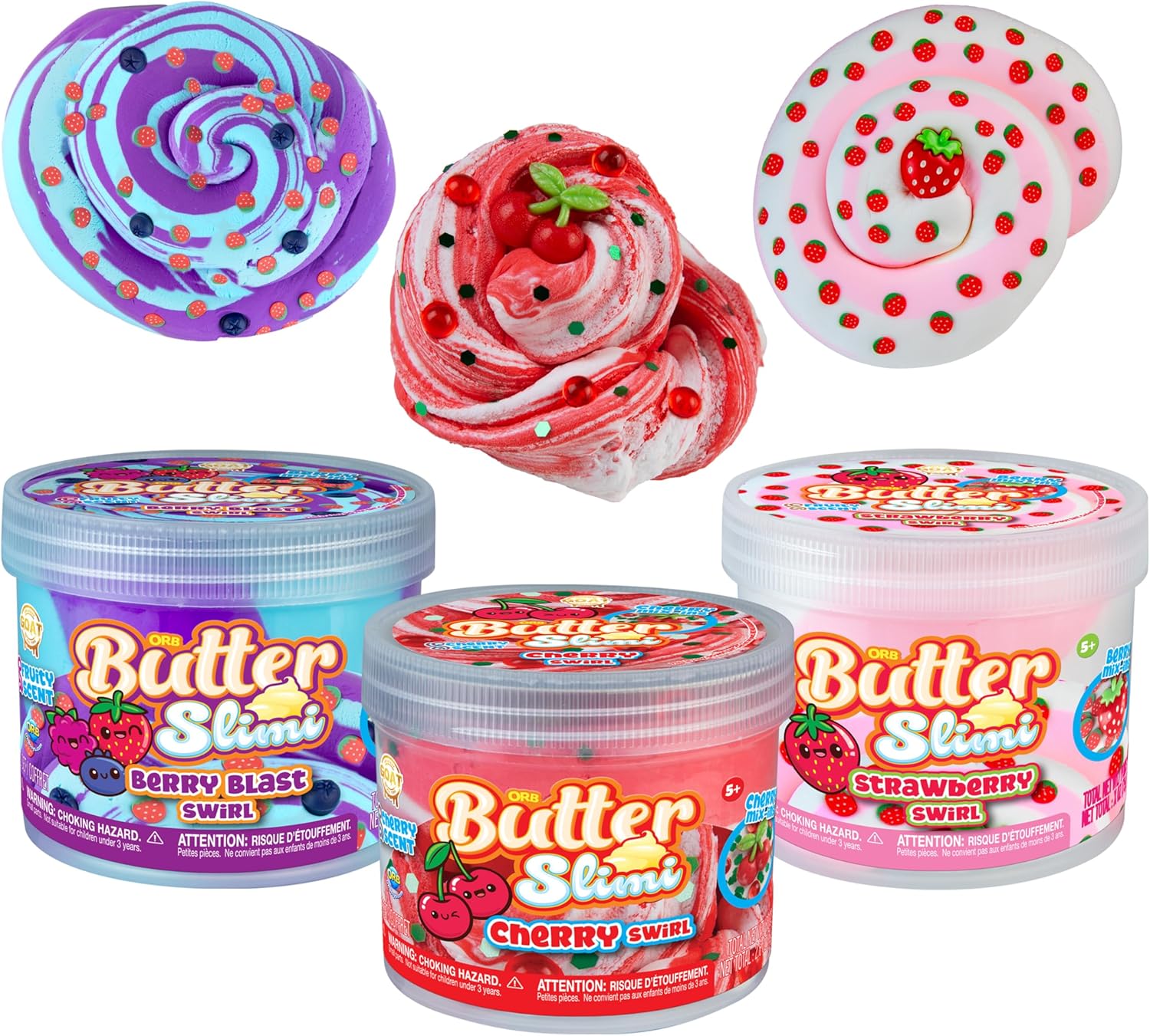 ORB GOAT Fluffy Butter Slime Very Berry 3 Pack Kit - Smooth, Soft, Fluffy Scented Berry Blast, Cherry, Strawberry Swirl ORB Butter Slimes For Kids - Party Favors Gifts with Resealable Slime Containers