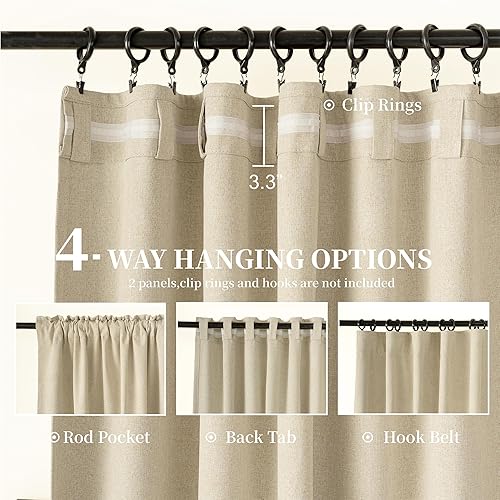 Miniatura 5 de KangBang Cortinas opacas de lino beige de 72 pulgadas de largo y 6 pies, bolsillo con lazo trasero para oscurecer la habitación, cortinas de