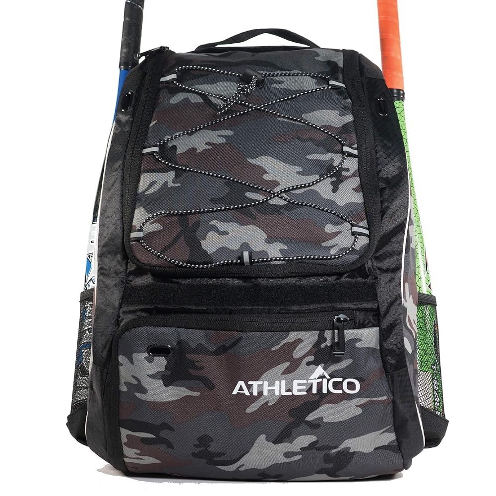 Athletico Baseball Bat Bag - Backpack for Baseball, T-Ball & Softball Equipment & Gear for Youth and Adults | Holds Bat, Helmet, Glove, & Shoes |Shoe Compartment & Fence Hook (Gray Camo)