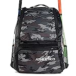 Athletico Baseball Bat Bag - Backpack for Baseball, T-Ball & Softball Equipment & Gear for Youth and Adults | Holds Bat, Helmet, Glove, & Shoes |Shoe Compartment & Fence Hook (Gray Camo)
