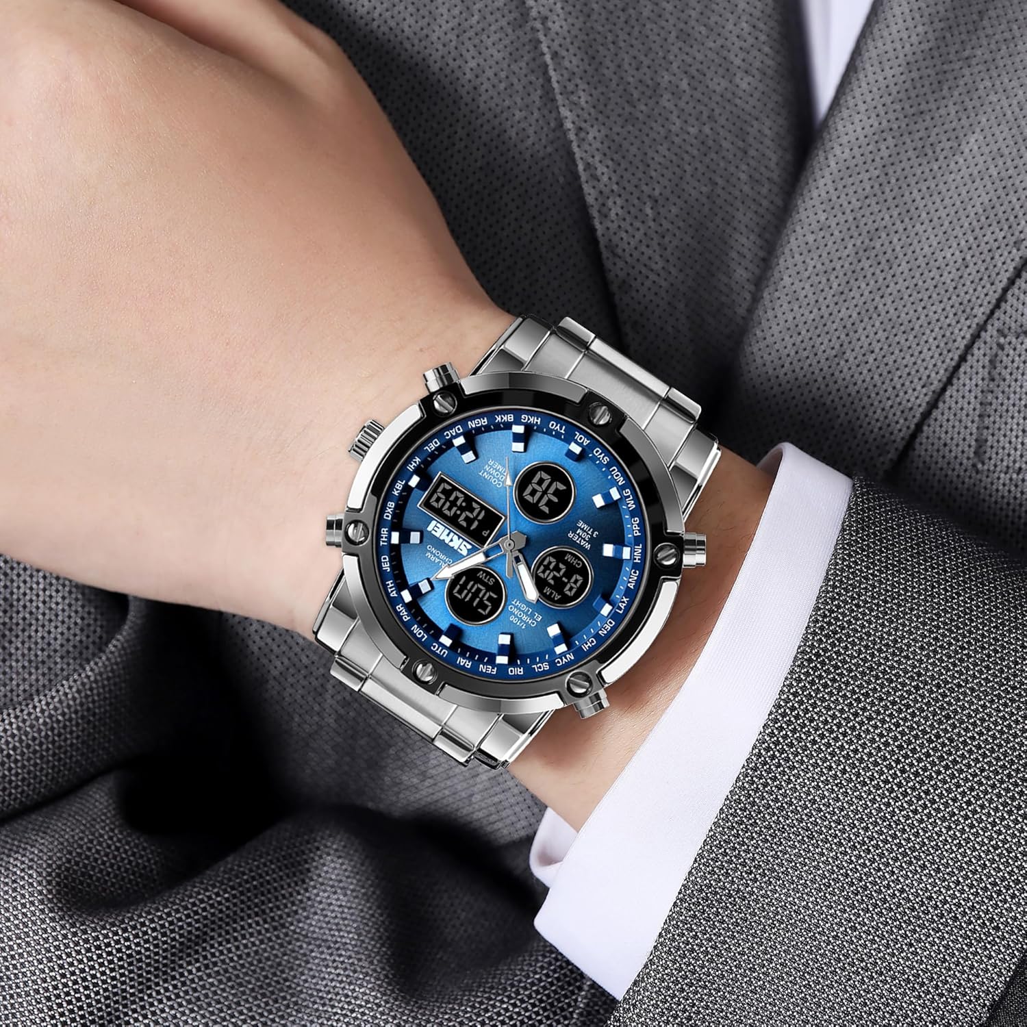SKMEI Mens Wrist Watch, Waterproof Military Analog Digital Watches with LED Multi Time Chronograph, Stainless Steel Business Watches for Men