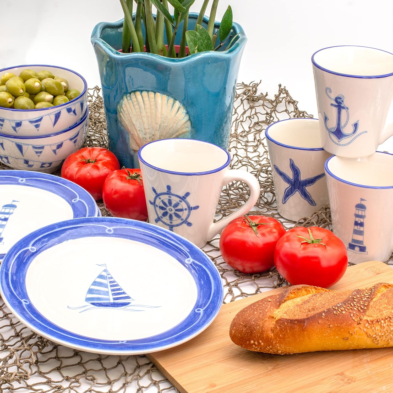 Euro Ceramica Ahoy Collection Nautical 12 Piece Dessert Set | Service for 4 | Assorted Designs, Blue & White,Standard,AHO-86001