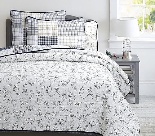 Miniatura 2 de Cozy Line Home Fashions Benjamin - Juego de edredón reversible de 100 % algodón, diseño a cuadros de dinosaurio, azul marino, blanco y gris, para