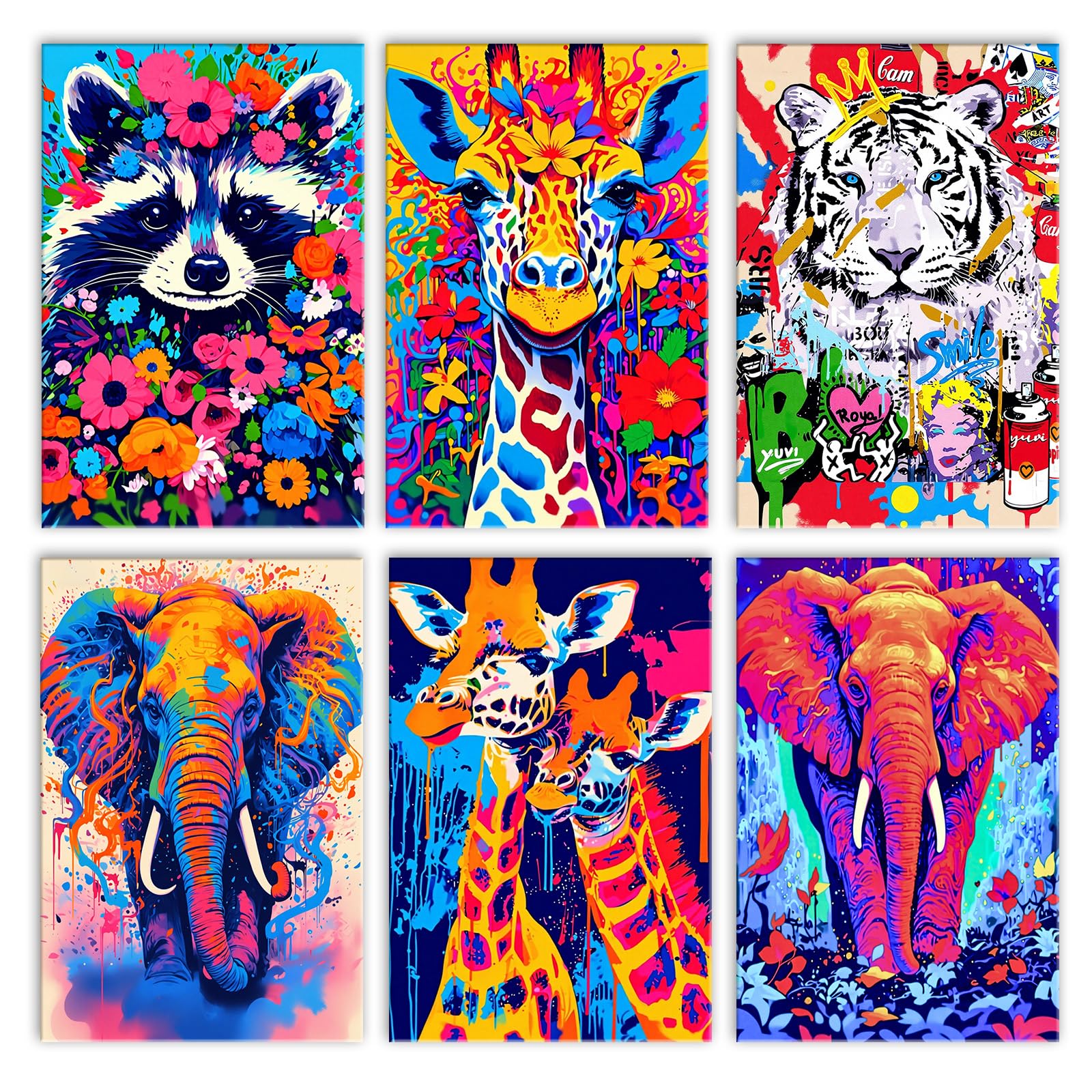 Peinture numérique animaux graffiti kit créatif adulte 6 toiles tigre raton laveur art