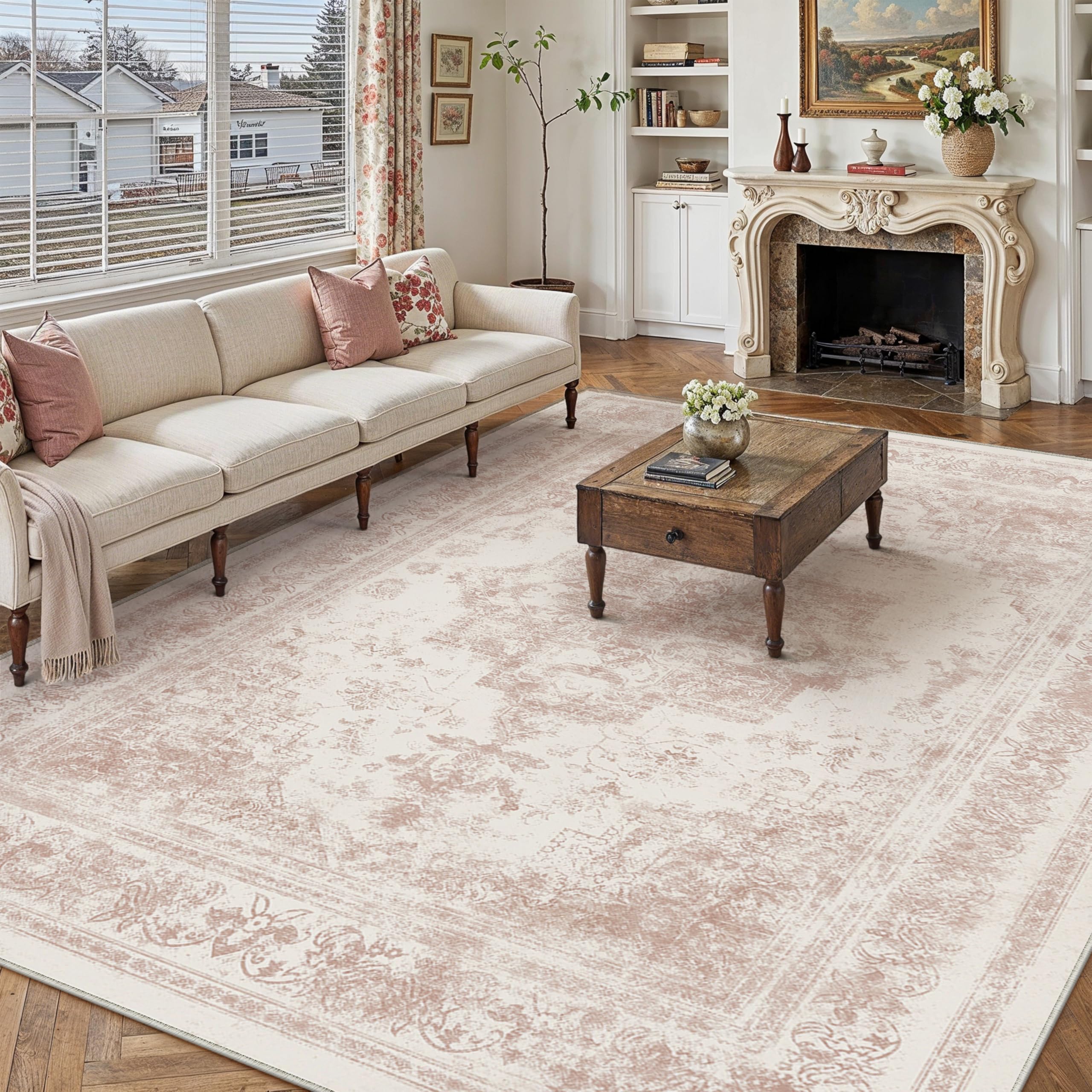 PureCozy Washable Rug 9x12 Area Rug for Living Room Pink Vintage Boho Medallion Large Distressed Retro Carpet Non Slip Indoor Low Pile Small Soft