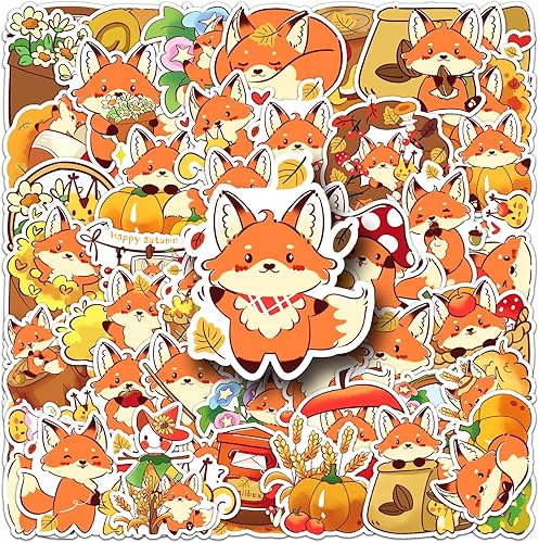 Paquete de 50 calcomanías de zorro kawaii para niños y niñas, dibujos animados de animales salvajes, impermeables, calcomanías de vinilo para
