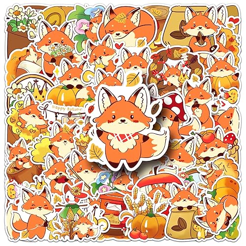 Fox Stickers Pack, 50 Pcs Kawaii Fox Stickers for Boys Girls, Cartoon Wildlife Animal Waterproof Vinyl Decals for Water Bottle Luggage Computer Skateboard Laptop Phone Guitar