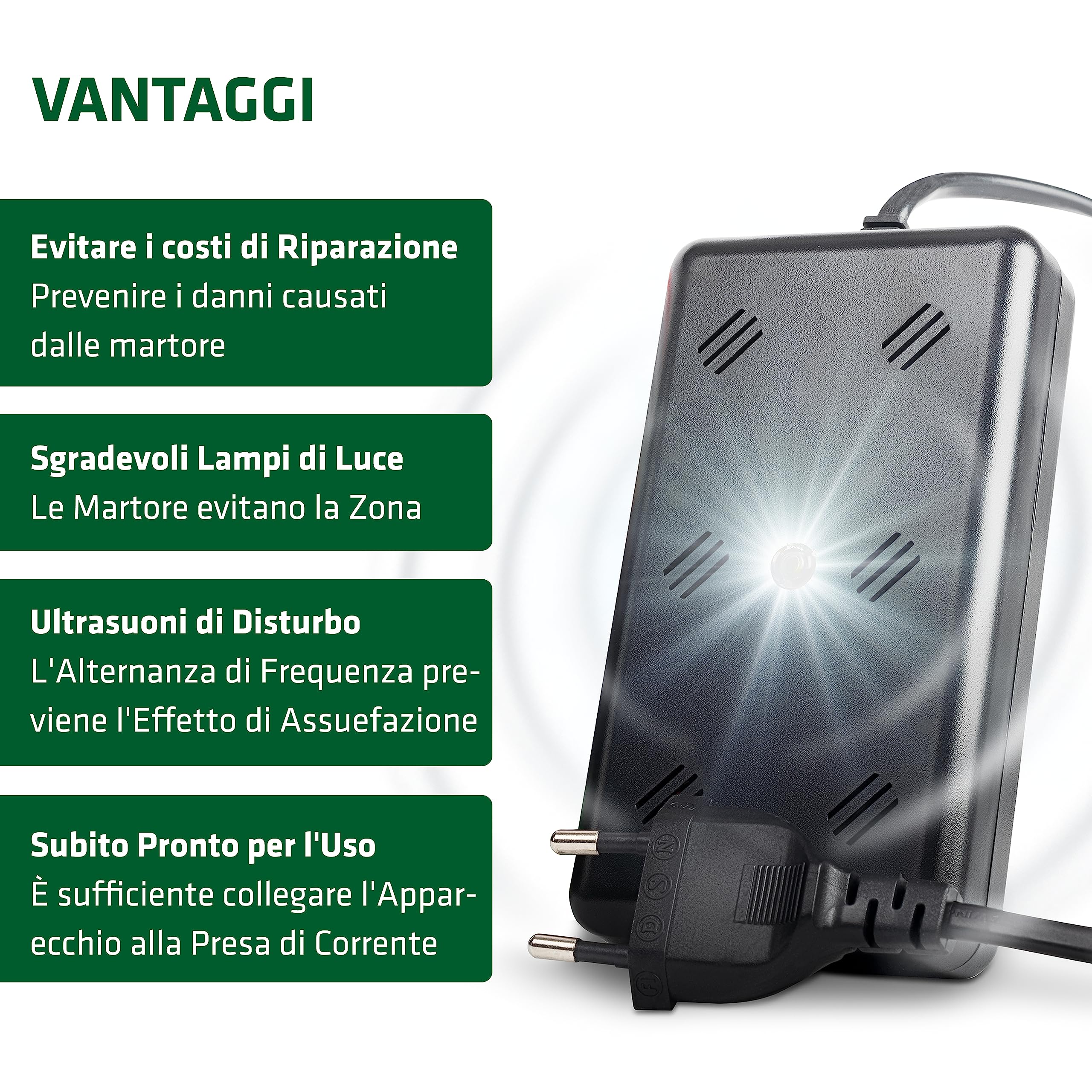 Gardigo® Repellente Martore da Interno con Ultrasuoni | Protezione Antiroditori Casa, Garage, Fienile, Soffitta | Collegamento 230V - Luce Flash LED | Frequenze Variabili, Anti Martora