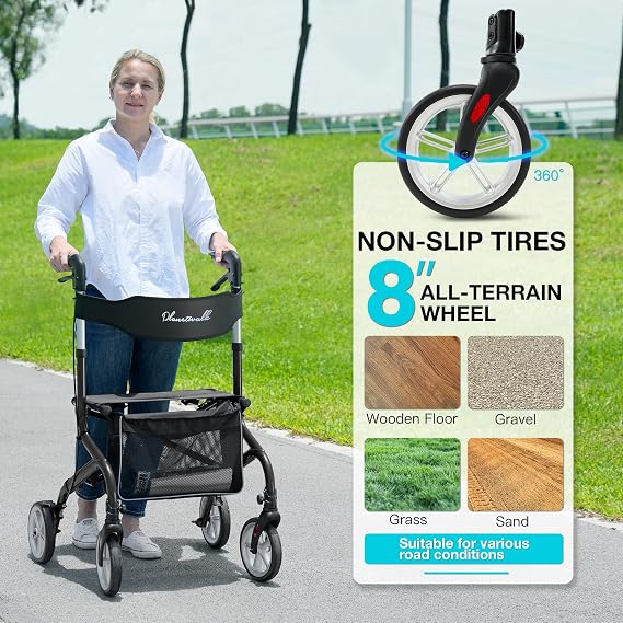 PLANET WALK Super Lightweight Rollator Walker for Seniors, Foldable Rolling Walker with Seat and 8 Rubber Wheels for All Terrain, Unique Design Aluminium Frame Sturdy Walkers for Traveling - Black