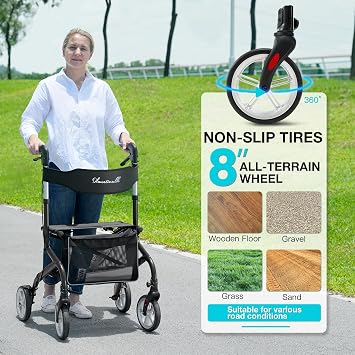 PLANET WALK Super Lightweight Rollator Walker for Seniors, Foldable Rolling Walker with Seat and 8 Rubber Wheels for All Terrain, Unique Design Aluminium Frame Sturdy Walkers for Traveling - Black