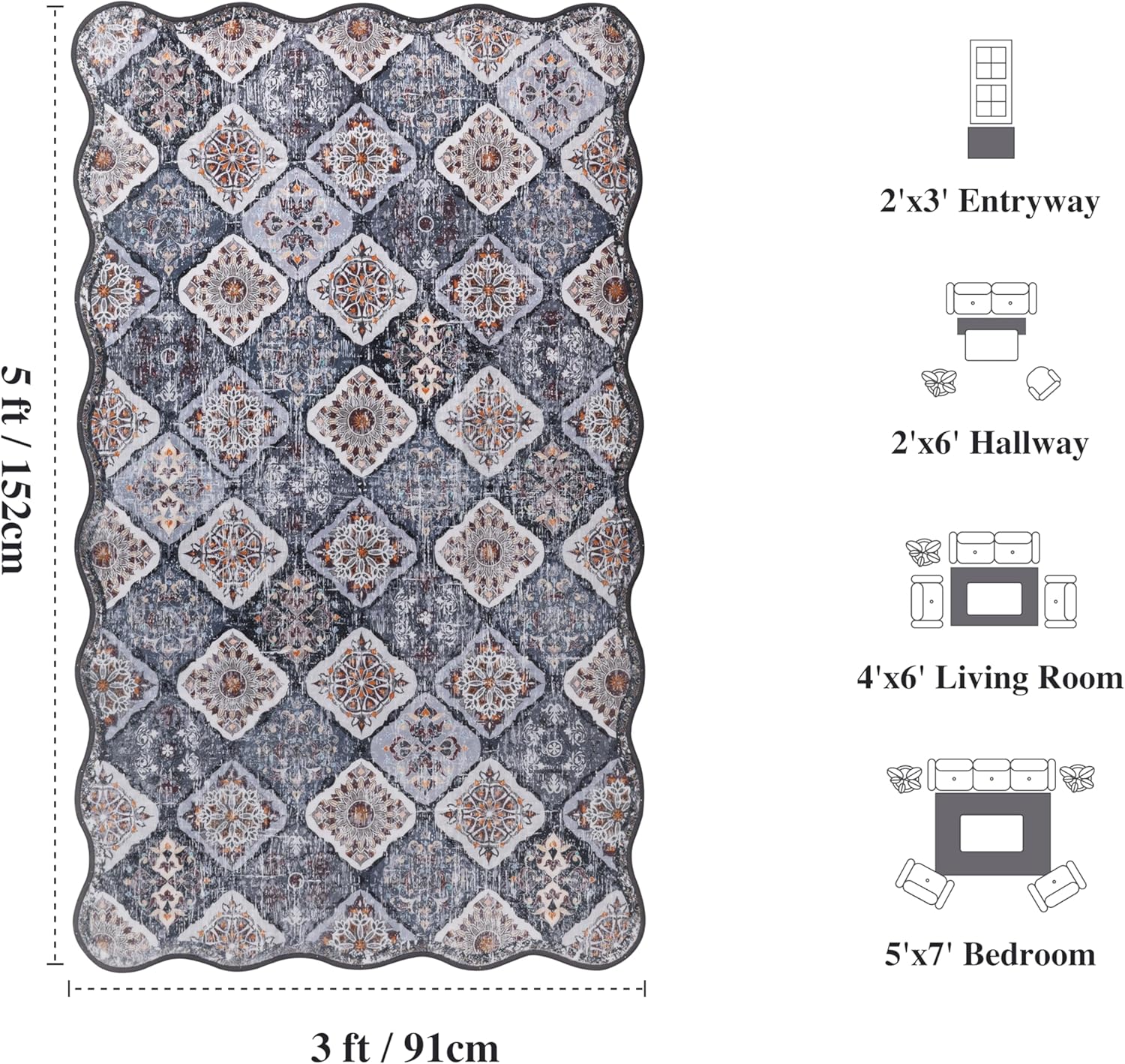 3x5 Moroccan Area Rug, Unique Scalloped Ultra-Thin Soft Washable Rug, Non-Slip Stain Resistant Lightweight Low-Pile Carpet for Living Room Bedroom Dining Room Office (Black)