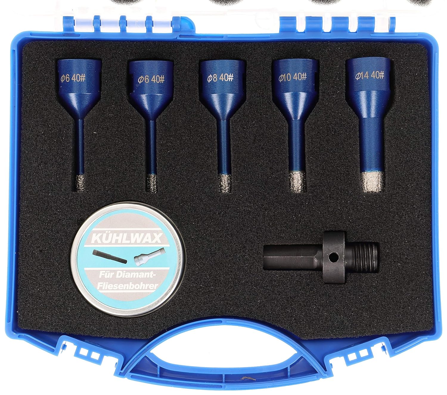 PRODIAMANT Professional Diamond Drill Bit Set 7-Piece (2 x 6 mm, 8 mm, 10 mm, 14 mm x M14, Hexagonal Adaptor - Image 4