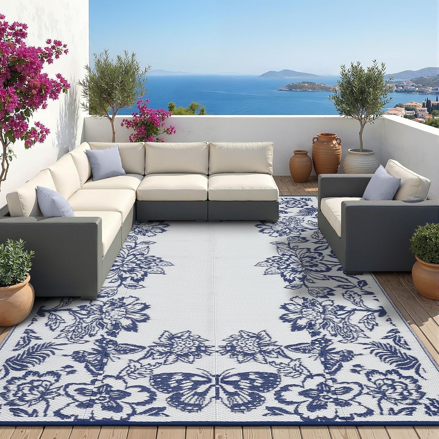 Garvee Outdoor Rugs 8’x10’ Waterproof Reversible Mats, Large Area Plastic Straw Rug, Outside Carpet, Butterfly Floral Rv Mat for Patio Camping Picnic Backyard Deck Balcony Porch Beach Trailer