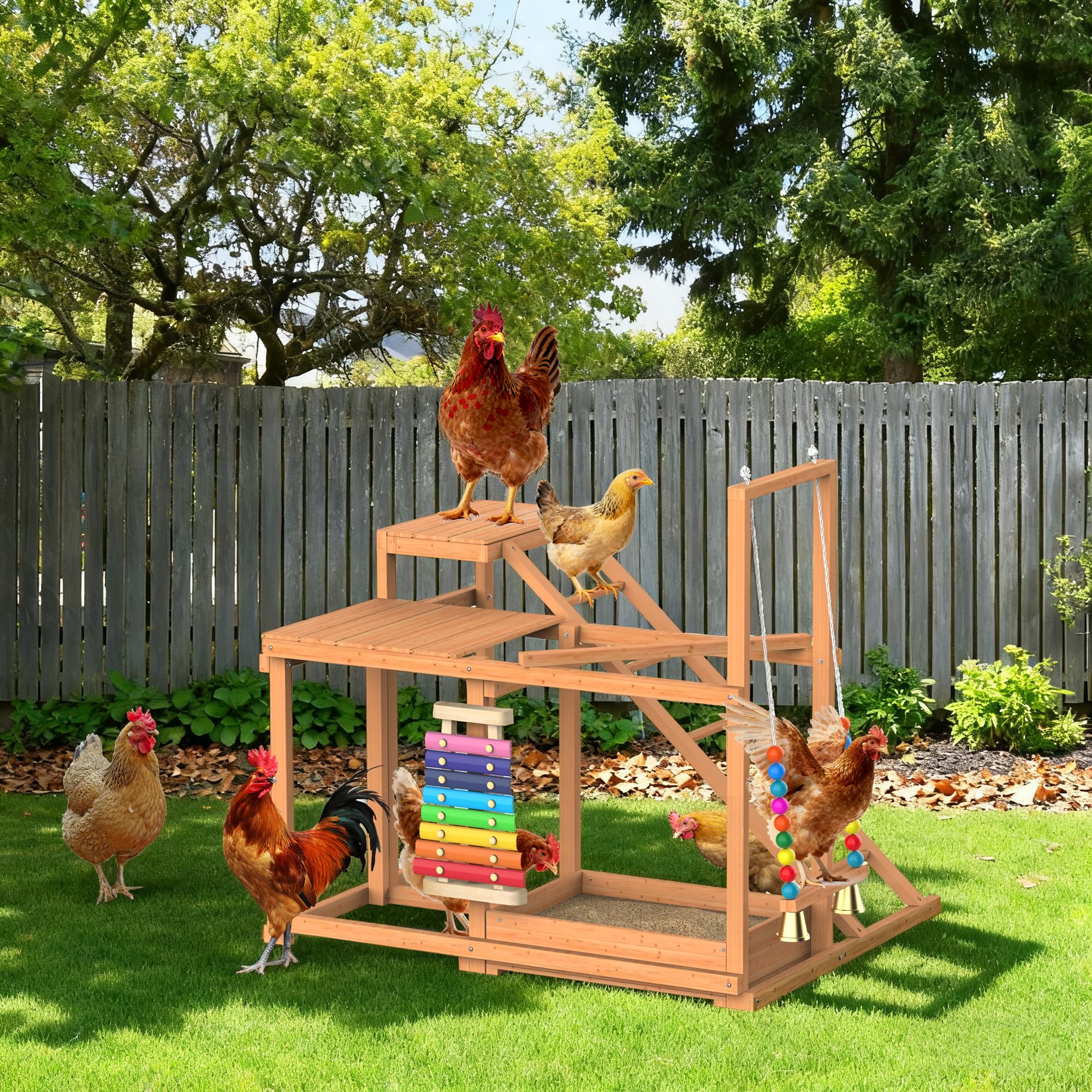 Juego de actividades de pollo, múltiples perchas de pollo con juguete de columpio, accesorio de gallinero de madera con escalera y plataformas y almacenamiento de alimentos, juguete para pájaros al