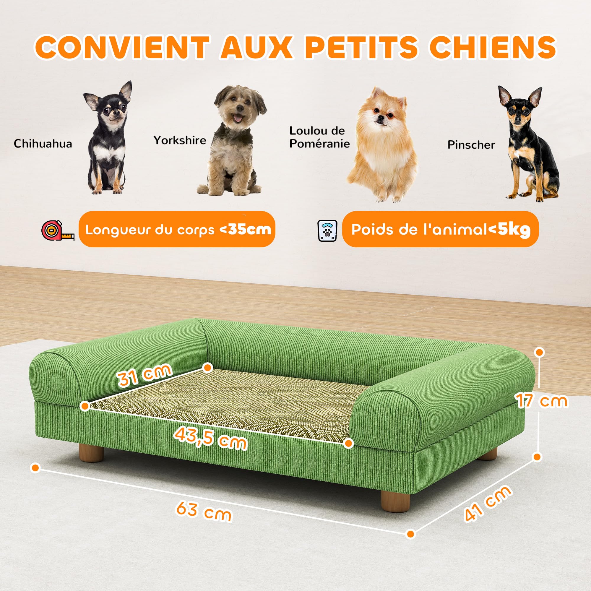 PawHut Canapé pour Chien Chat lit pour Chien surélevé avec Assise de Tapis Frais, accoudoirs et Pieds, en Velours Doux, pour Animal jusqu'à 5 kg, 63 x 41 x 17 cm, Vert