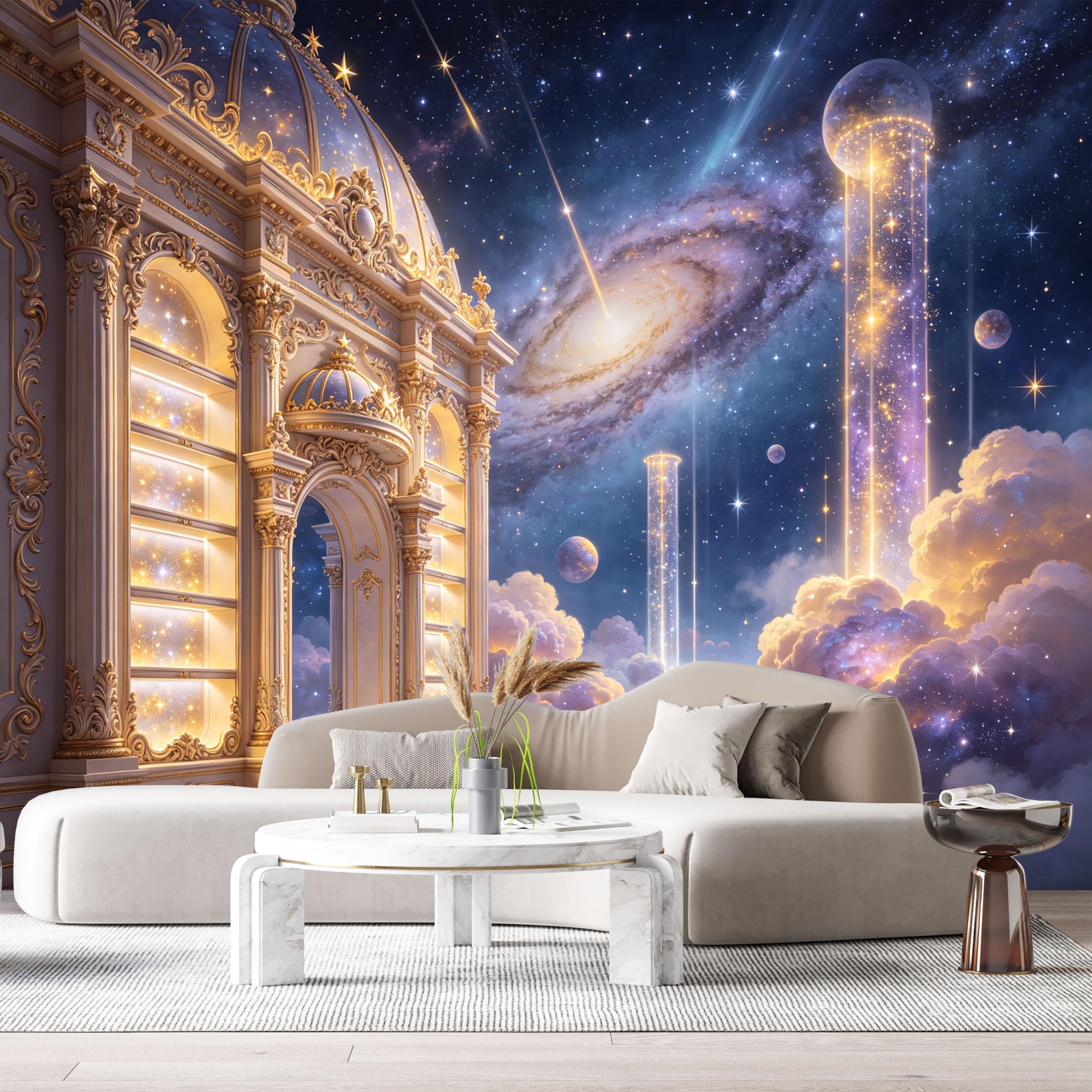 Custom Size Wall Murals Fantasy Galaxy Space Temple Neon 3D Trompe L'Oeil SelfAdhesiveWall Fabric Removable Wallpaper Wall Decor for Living Room Bedroom Bathroom