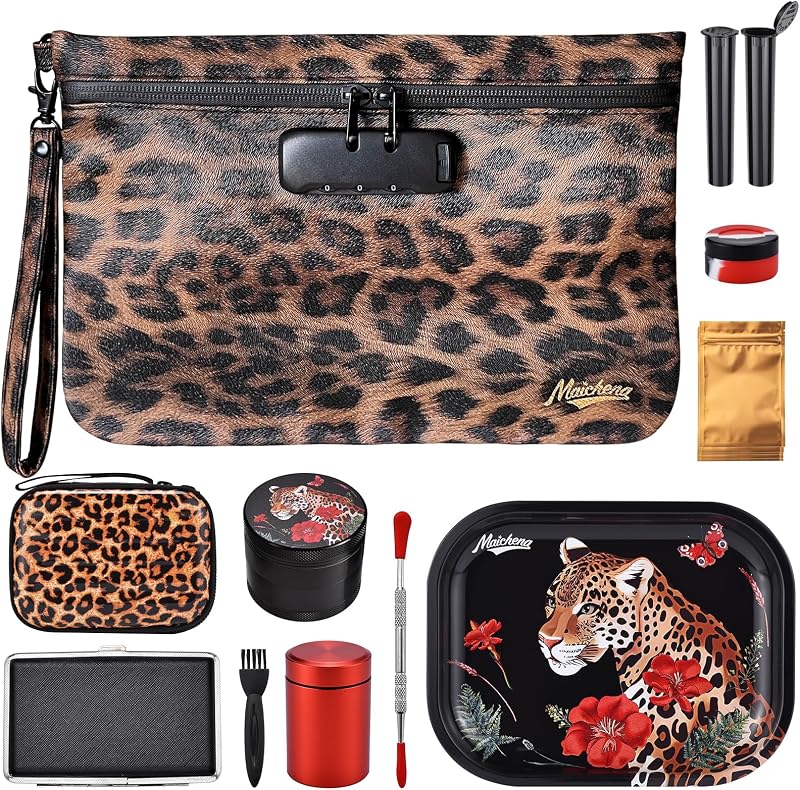 Necessaire de viagem MAICHENG com estampa de leopardo, fechadura de combinação e acessórios, Pacote com 11 itens