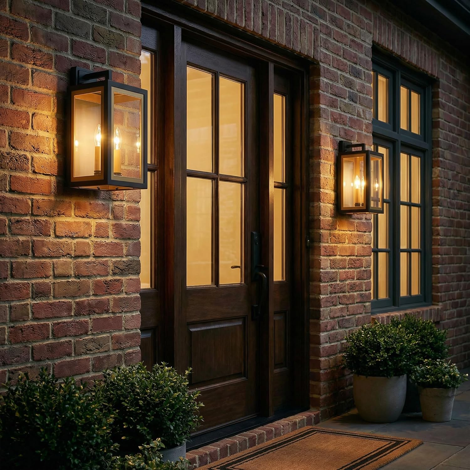 mirrea 16-inch Outdoor Porch Wall Light for House, Waterproof Exterior Sconce for Patio, Wall Mount Lighting Fixture for Front Door, Black and Gold Rectangle, Clear Glass, Set of 2