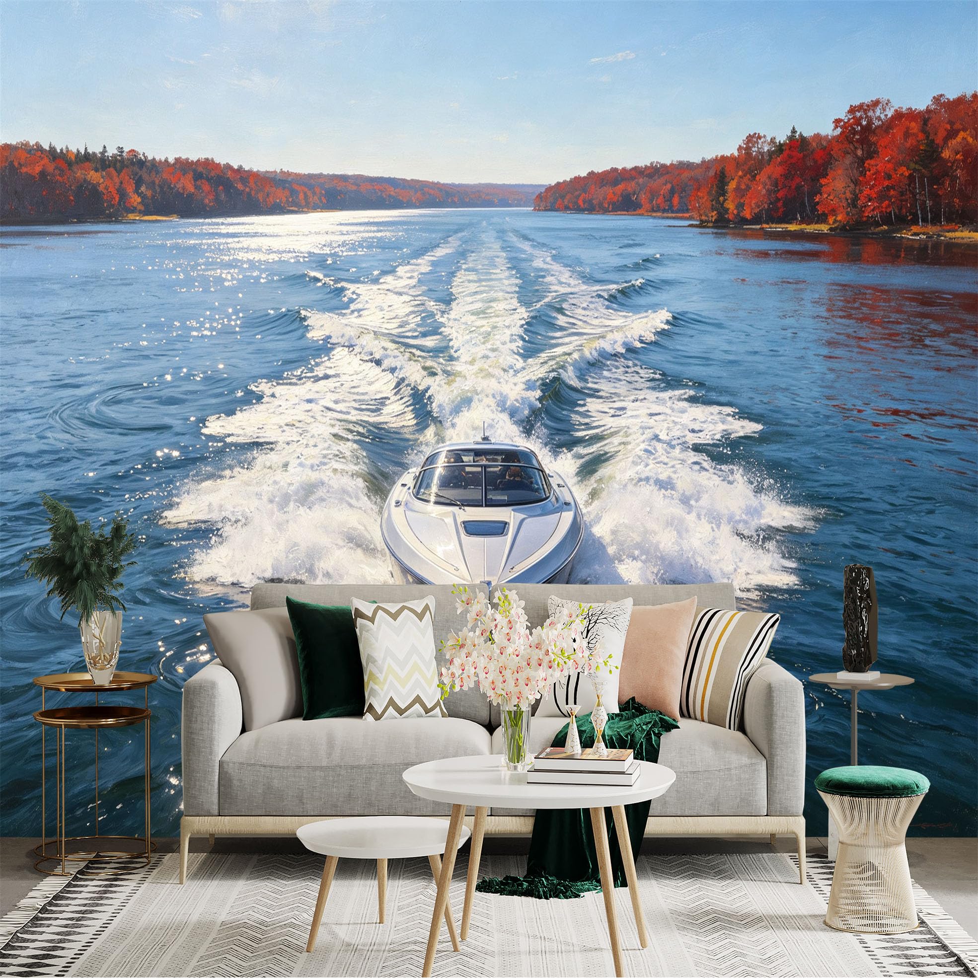 Custom Size Wall Sticker Mural， Speedboat on Sparkling River， Autumn Forest Scenery， Water Wake Motion， Serene Nature Landscape， for wall Decoration， peelandstick wall Decals.