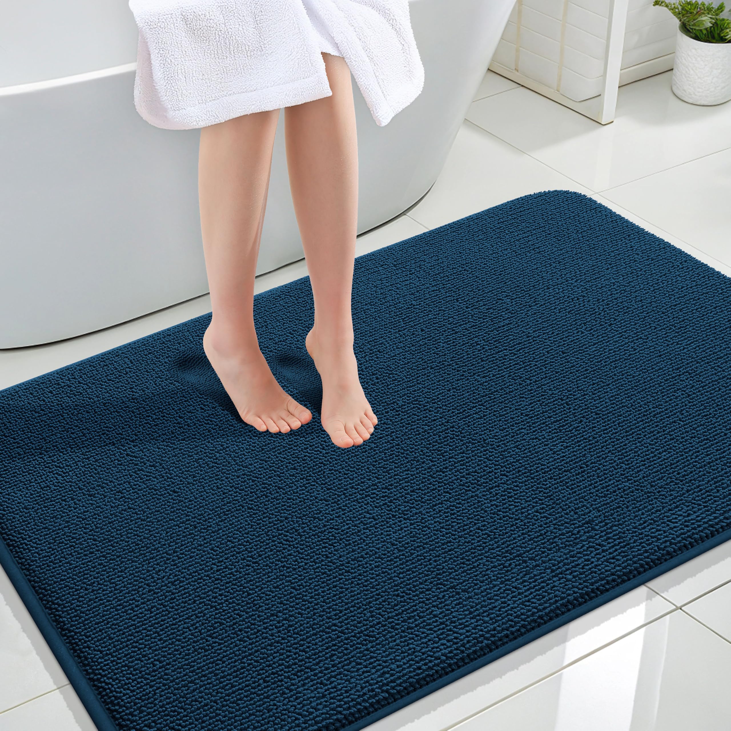 OLANLY Thick Memory Foam Large Bathroom Rug 47x32, Absorbent Bath Mat, Navy