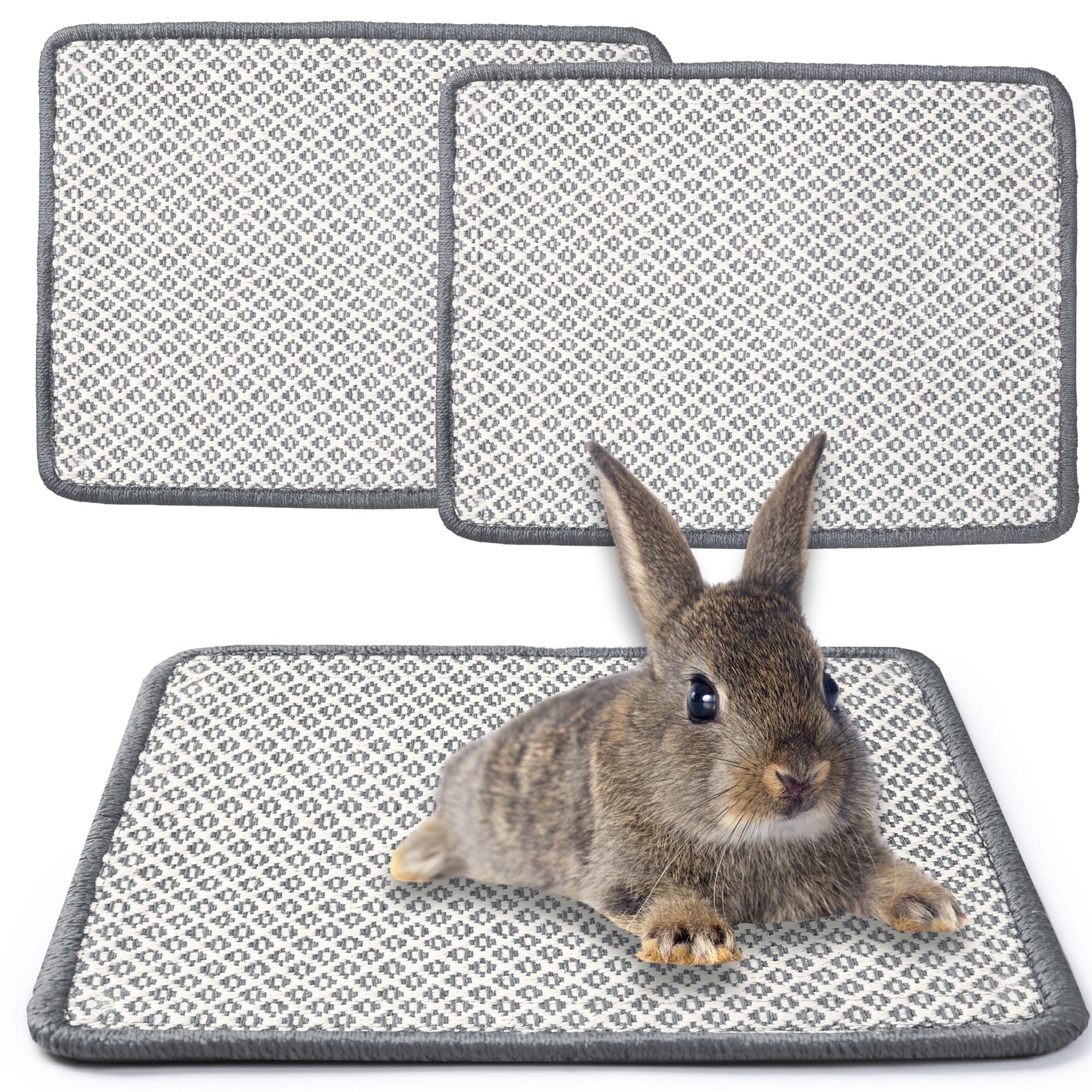 JanYoo 2pcs Rabbit Scratcher Mat Natural Sisal Bunny Scratch Pads Scratching Rug Bunny Resting Mats for Cages, Guinea Pig Claws and Teeth Care Bedding Accessories (40 × 30CM,Grey Grid)