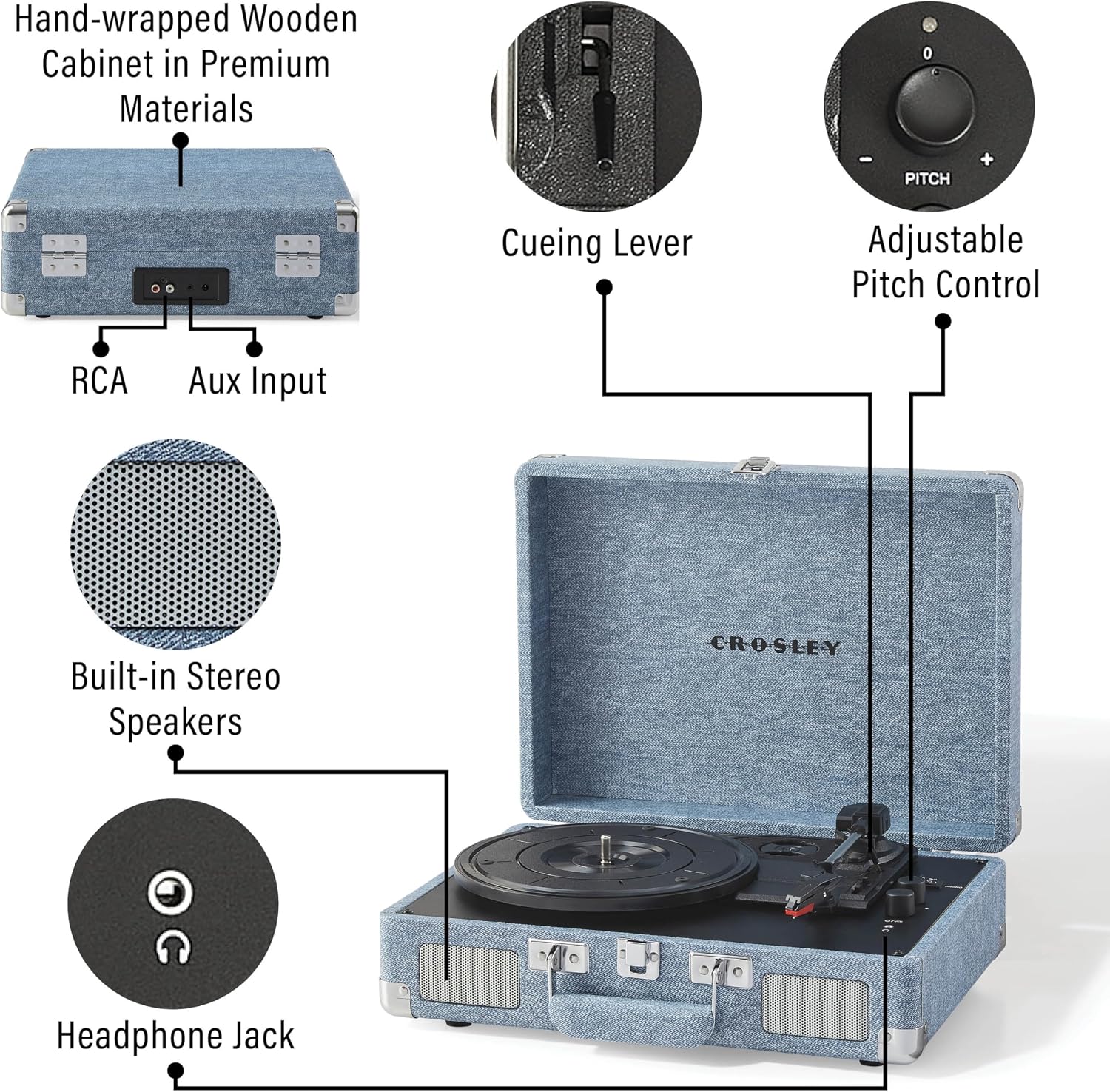 Crosley CR8005F-WD Cruiser Plus Vintage 3-Speed Bluetooth in/Out Suitcase Vinyl Record Player Turntable with Built-in Speakers, Washed Denim