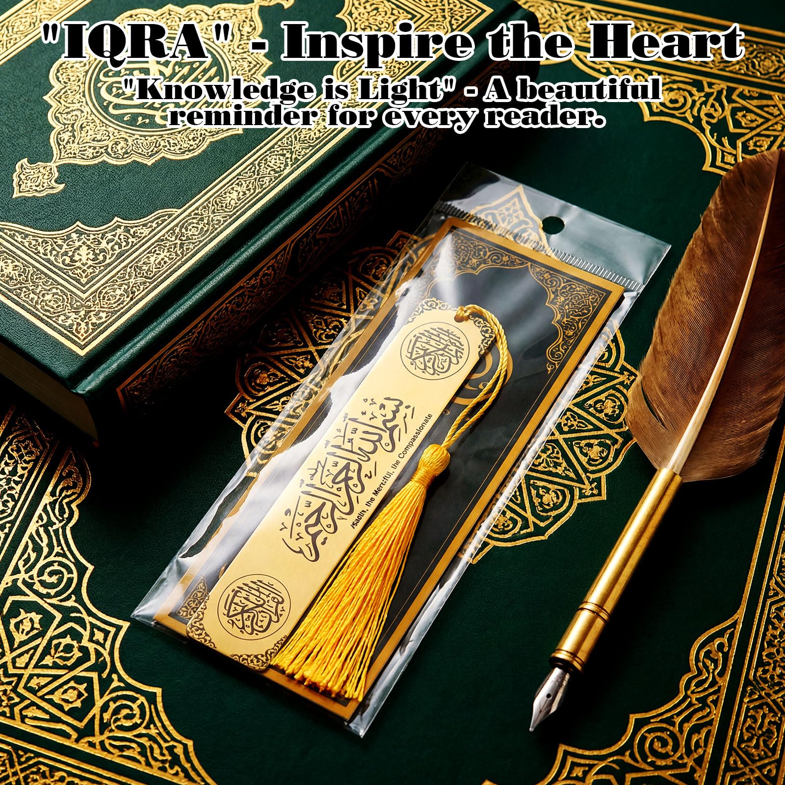 Resurhang 10 Sets Eid al-Adha Mubarak Gifts Islamic Metal Bookmarks Bulk with Cards Hajj Quran Markers Gold Stainless Steel Tassels Muslim Religious Party Favors Men Women
